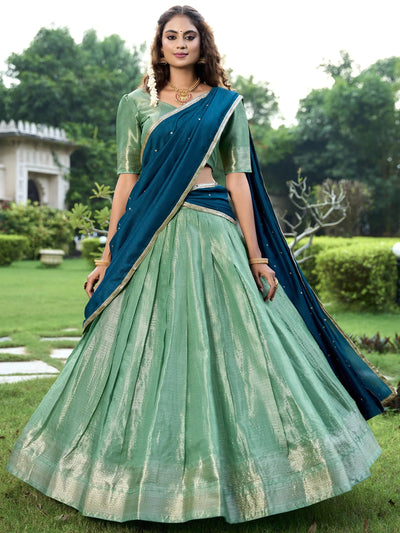 Sea Green Silk Zari Weaving Function Lehenga Choli With Dupatta