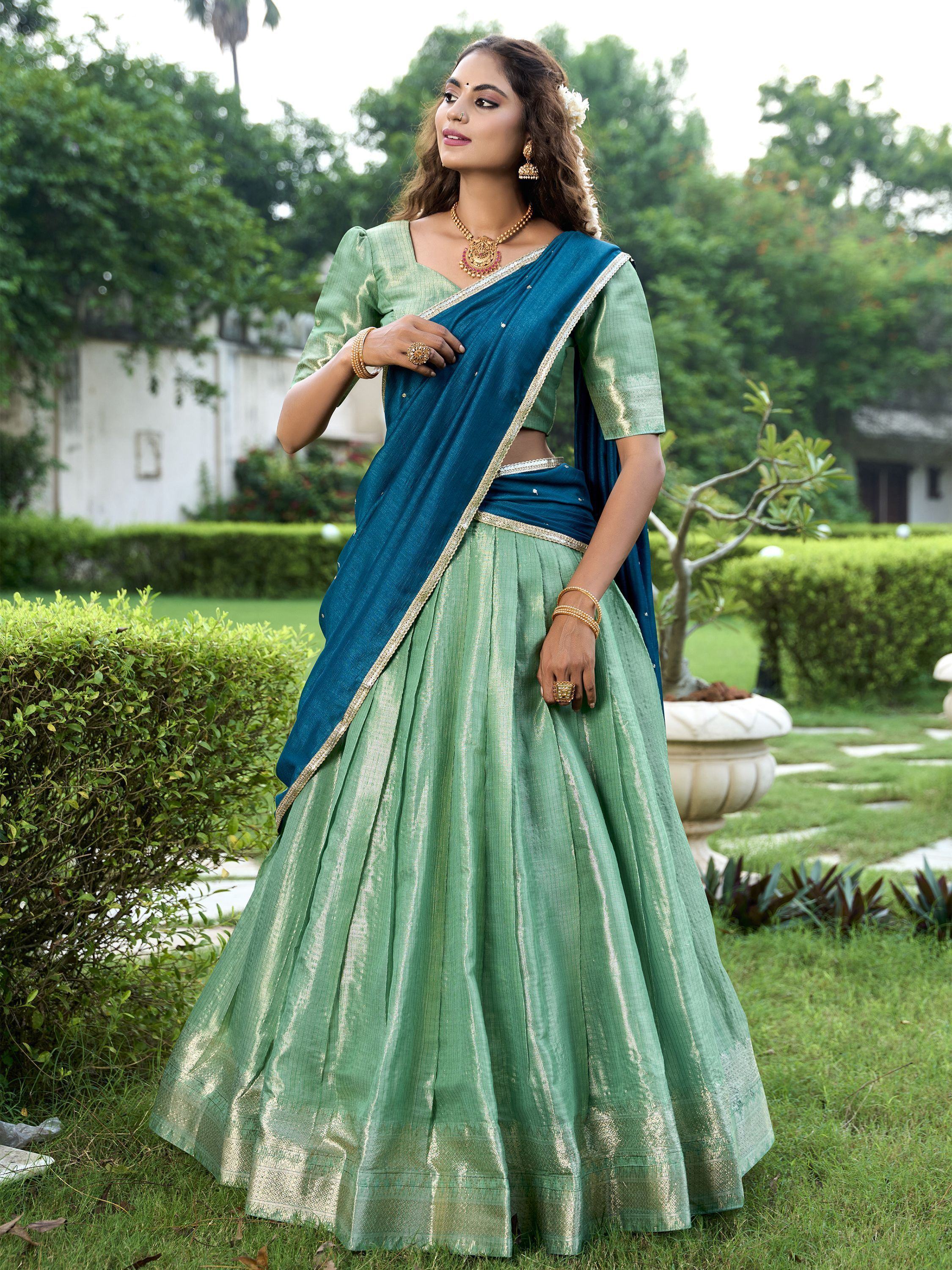 Sea Green Silk Zari Weaving Function Lehenga Choli With Dupatta