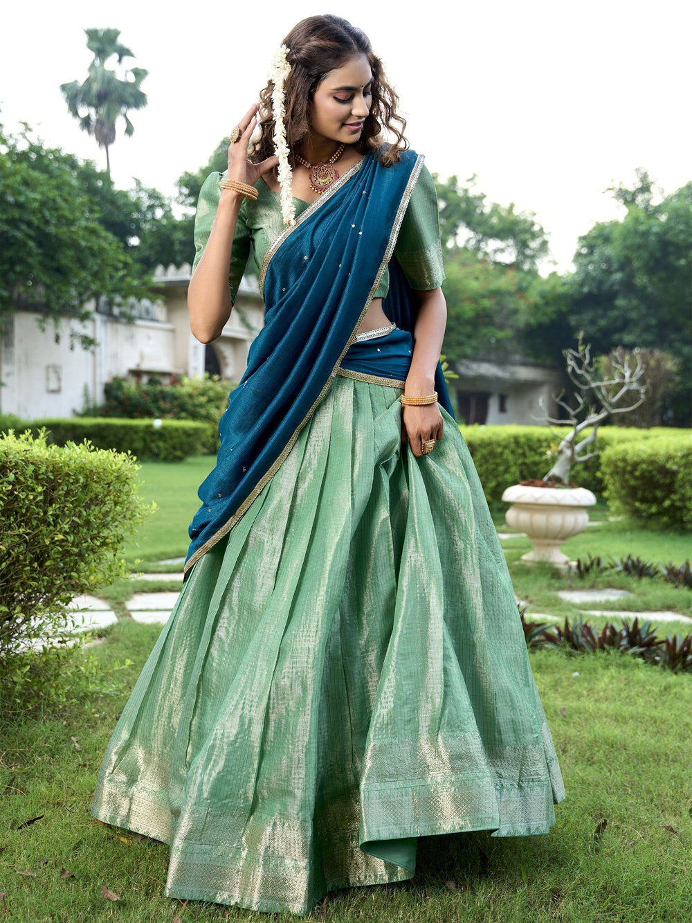Sea Green Silk Zari Weaving Function Lehenga Choli With Dupatta