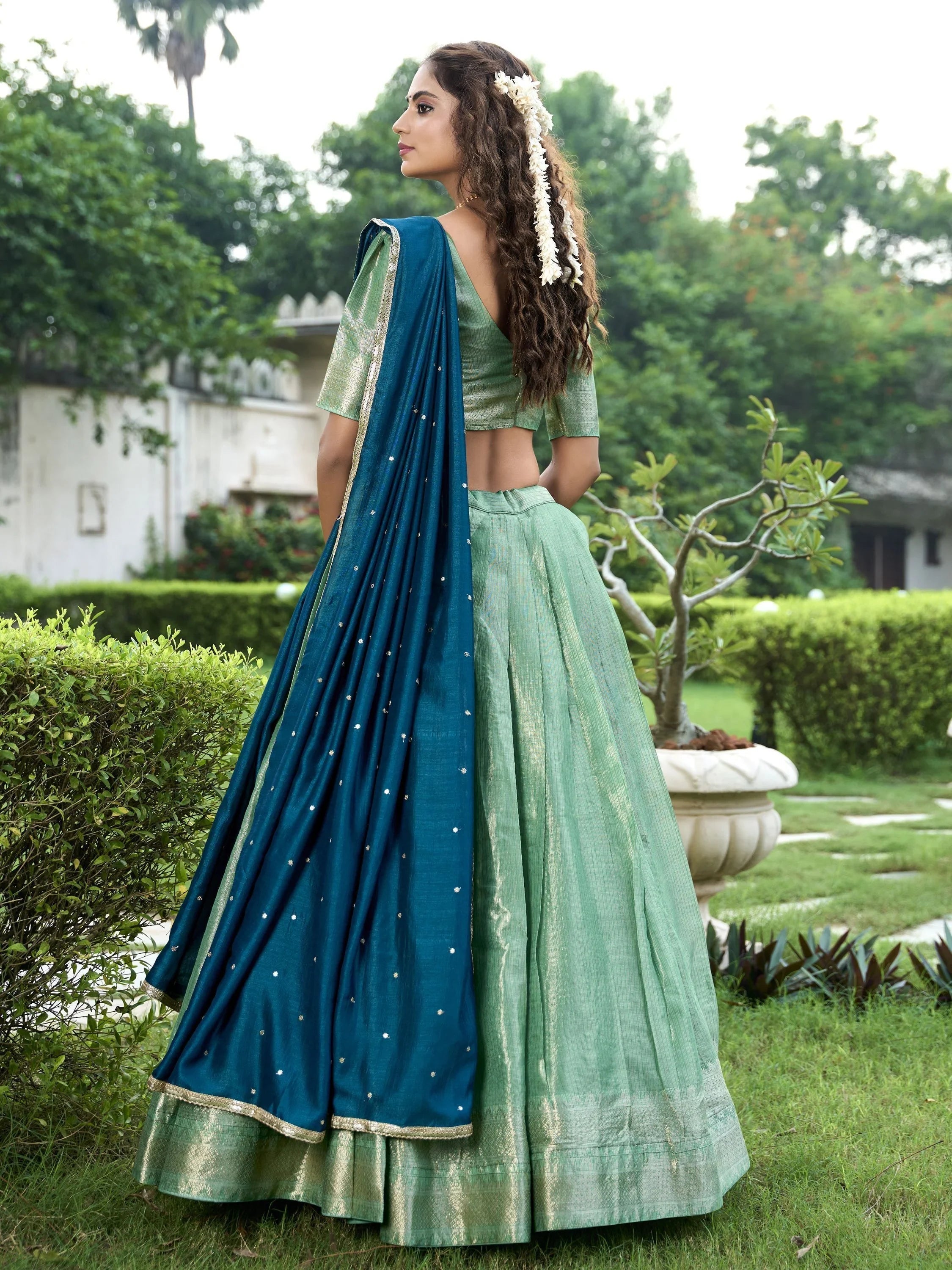 Sea Green Silk Zari Weaving Function Lehenga Choli With Dupatta