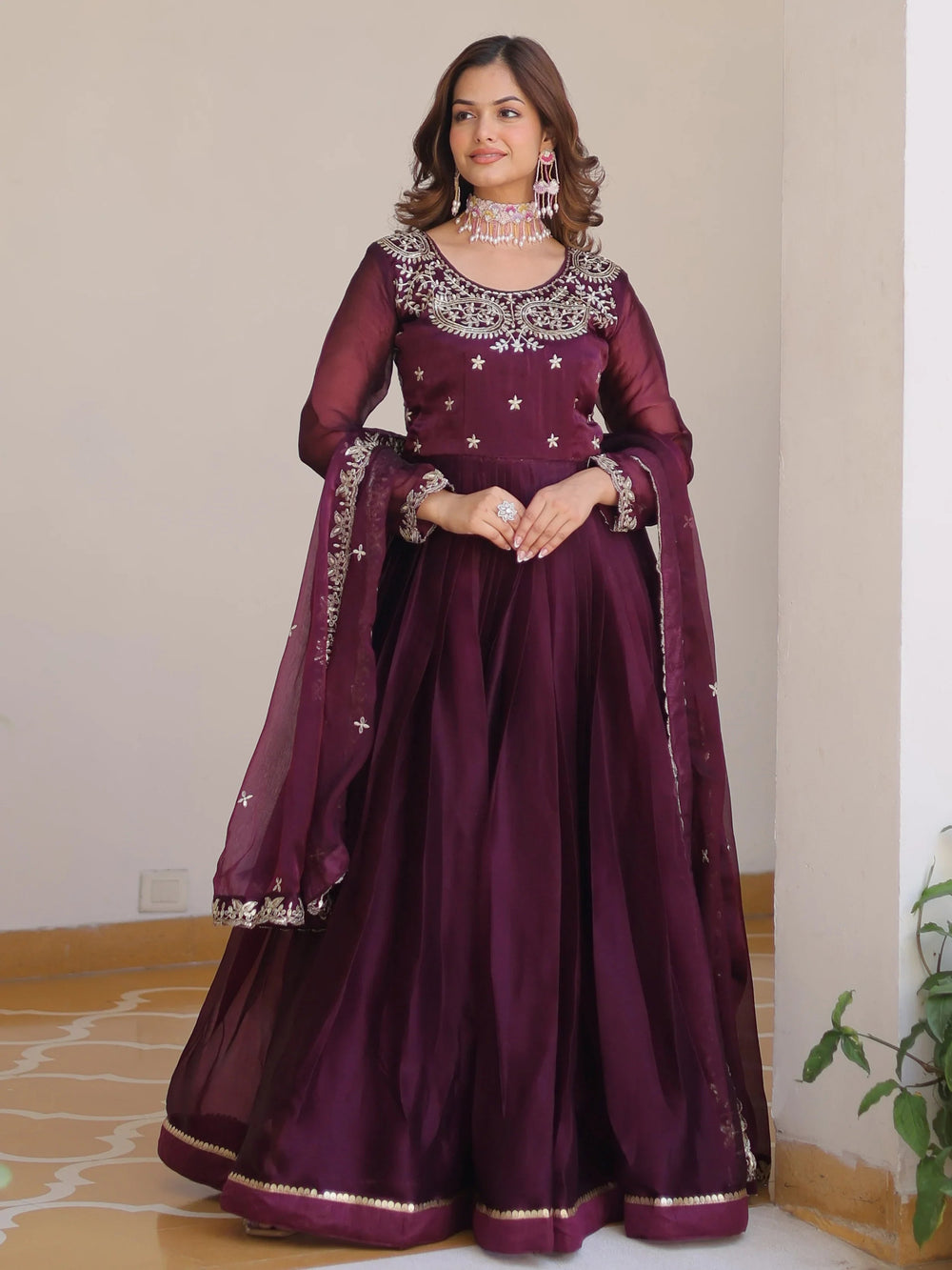 Wine Glamorous Embroidered Silk Wedding Wear Gown With Dupatta for Women