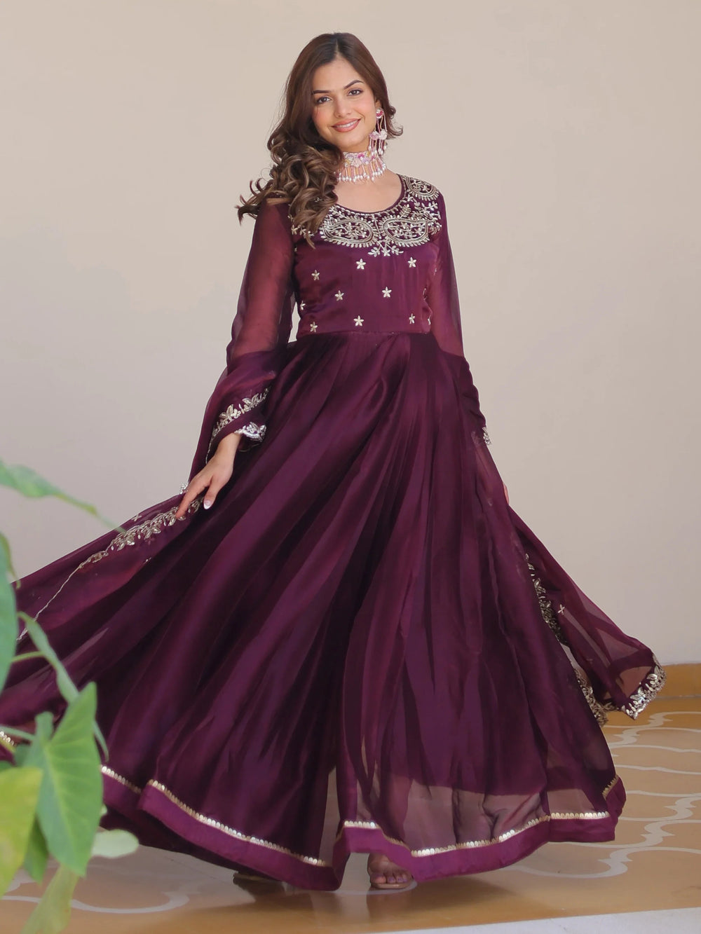 Wine Glamorous Embroidered Silk Wedding Wear Gown With Dupatta for Women