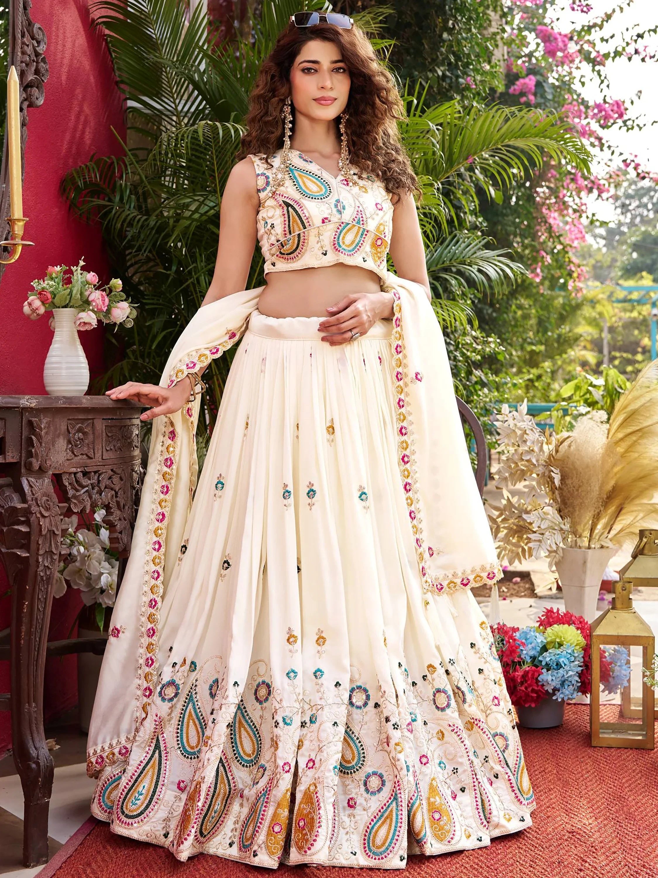 White Glamorous Embroidered Silk Wedding Wear Lehenga Choli for Women