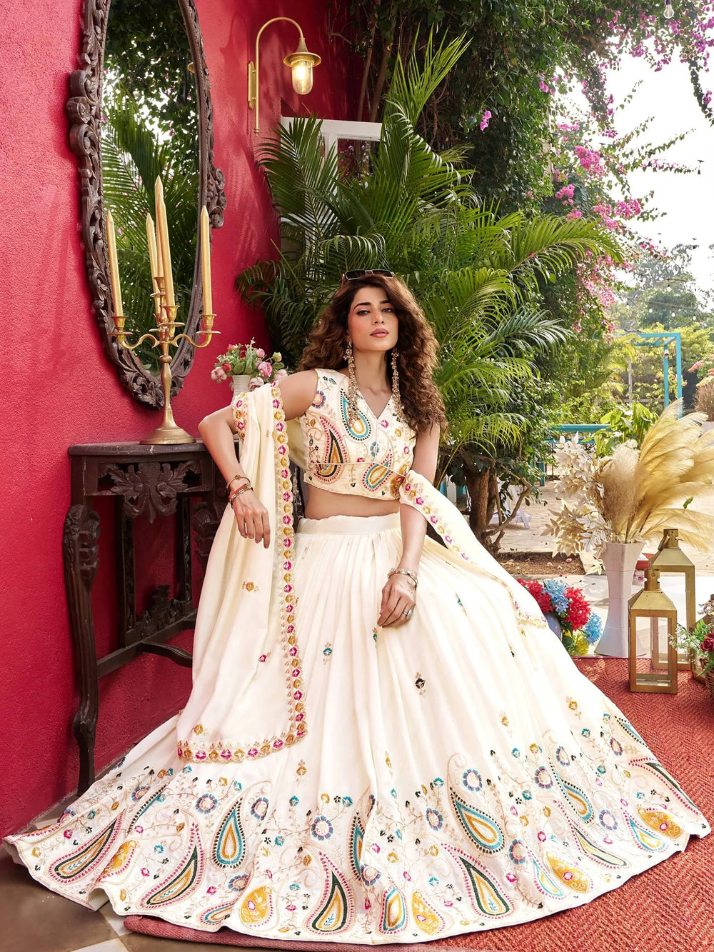 White Glamorous Embroidered Silk Wedding Wear Lehenga Choli for Women