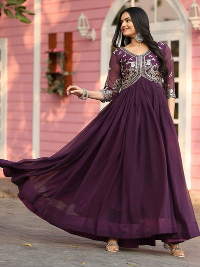 Wine Georgette Sequins Work Festival Wear Gown for Women