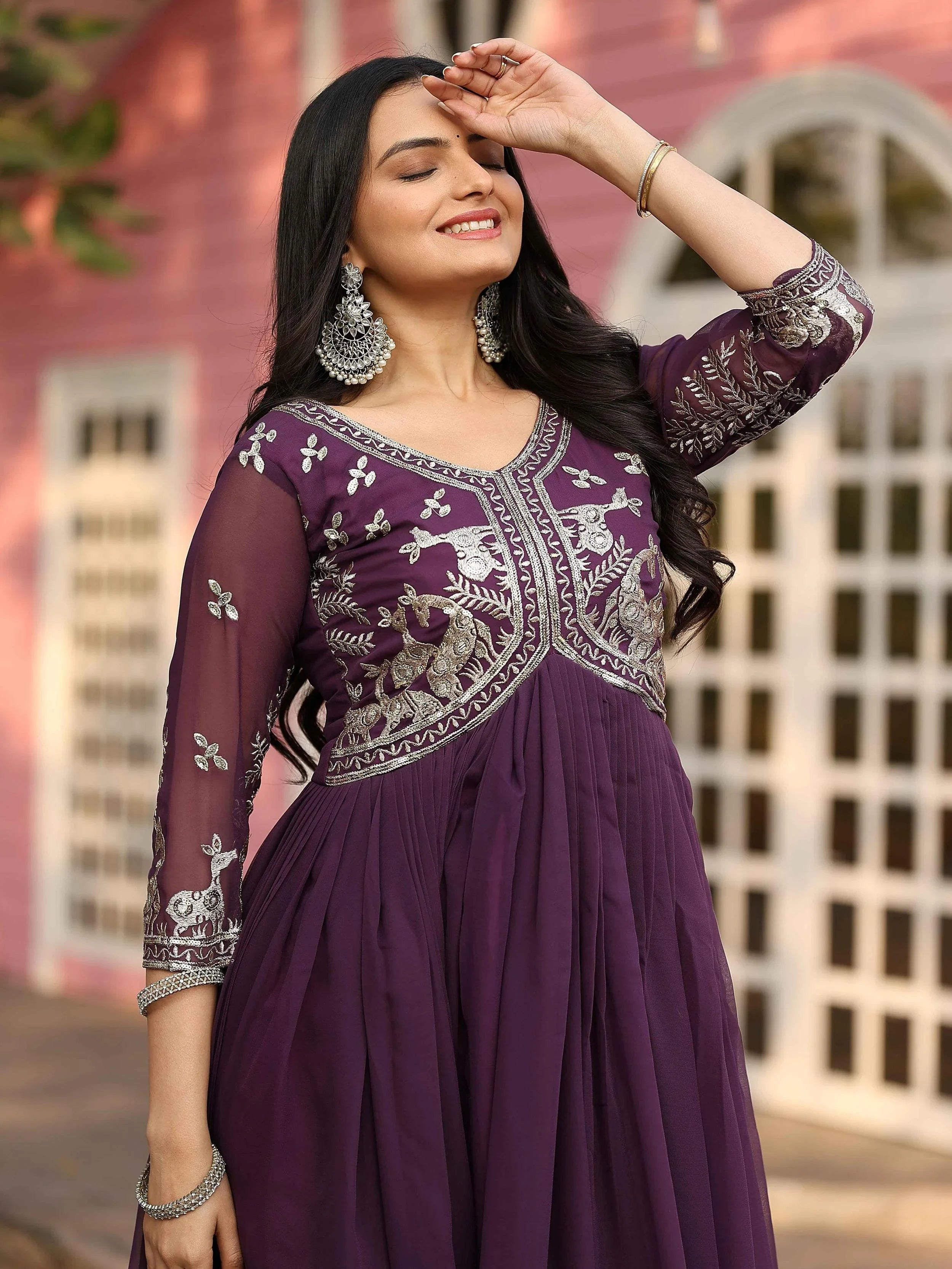 Wine Georgette Sequins Work Festival Wear Gown for Women