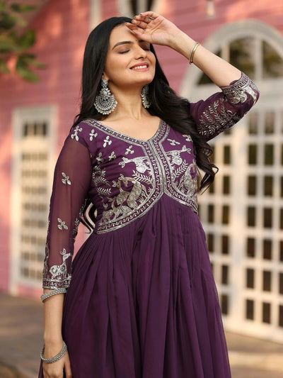Wine Georgette Sequins Work Festival Wear Gown for Women
