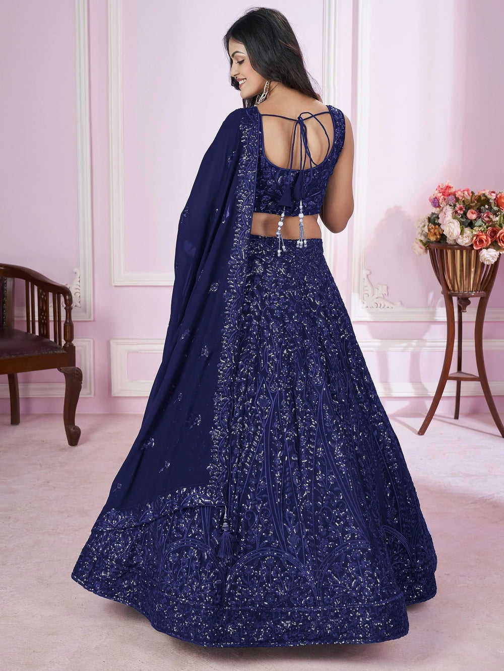 Navy Iconic Sequins Georgette Wedding Lehenga Choli Festive Collection