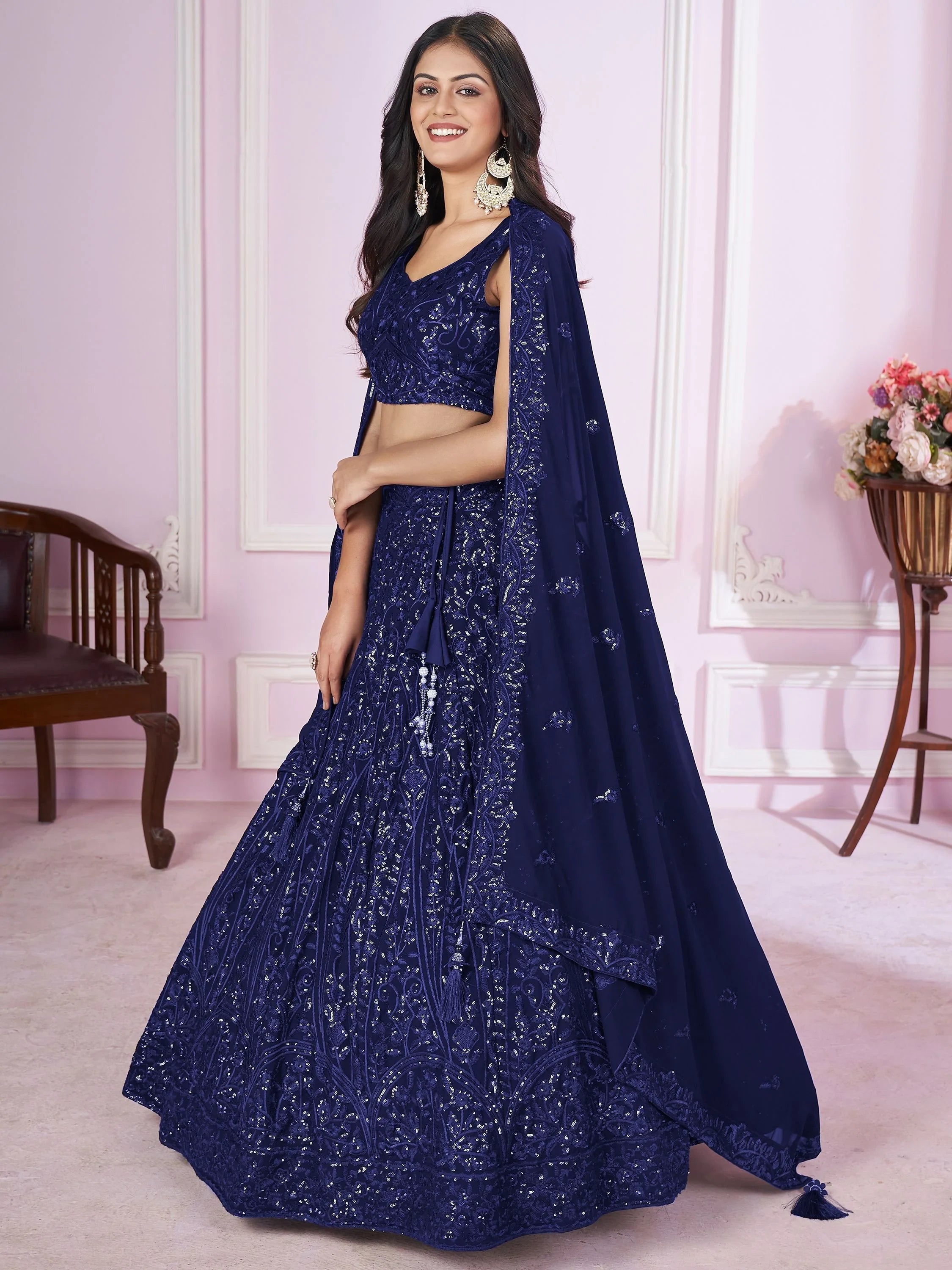 Navy Iconic Sequins Georgette Wedding Lehenga Choli Festive Collection