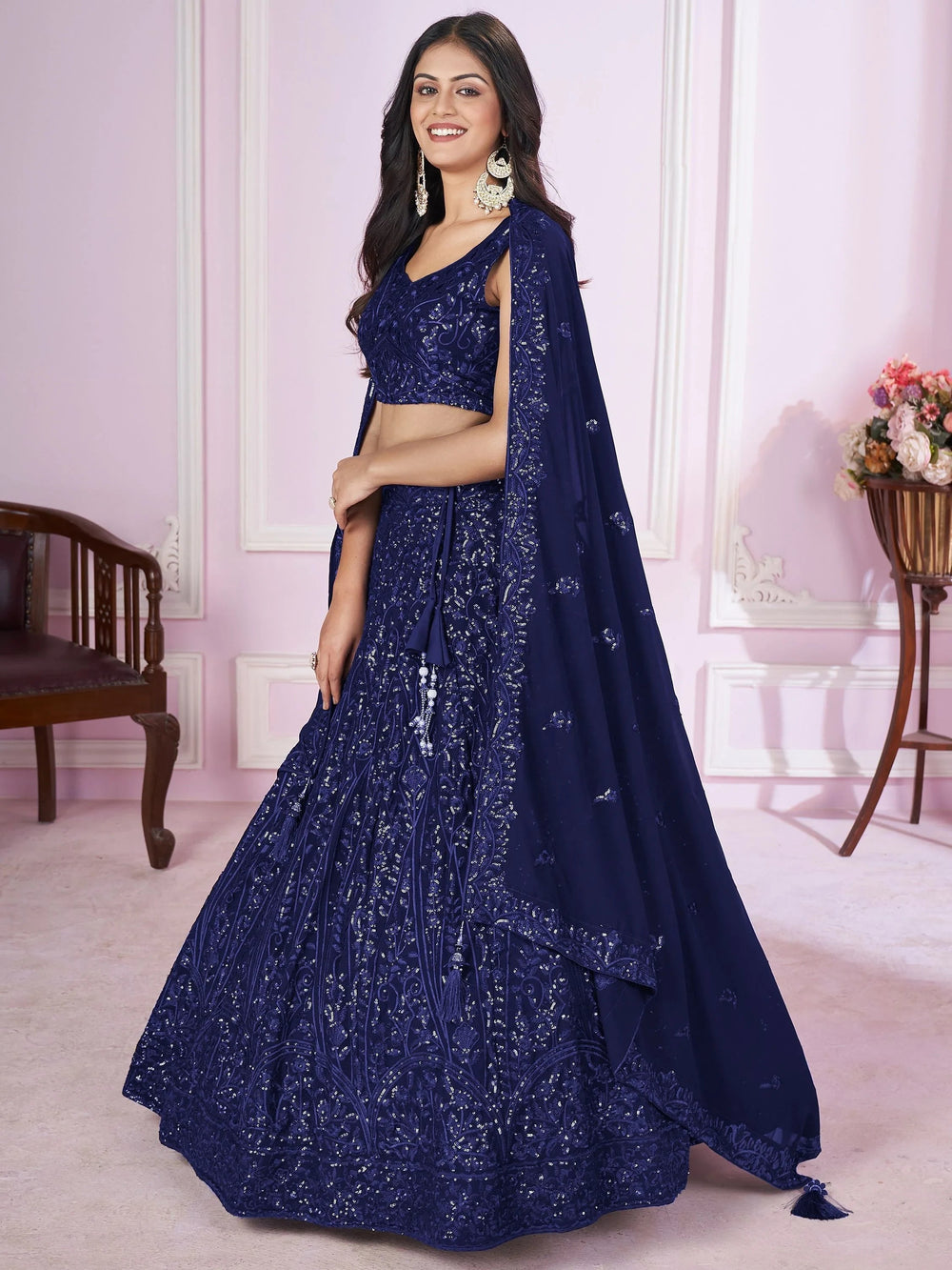 Navy Iconic Sequins Georgette Wedding Lehenga Choli Festive Collection