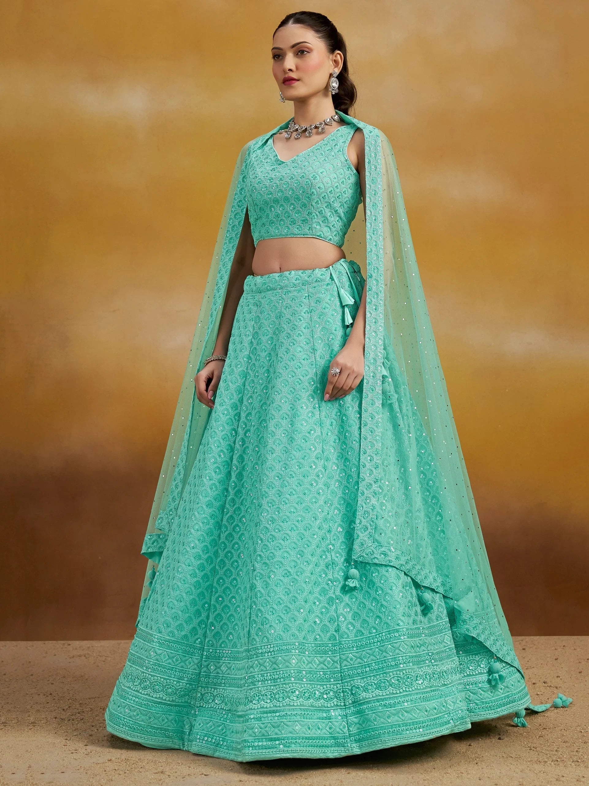 Sequins georgette lehenga choli with thread embroidery for wedding and sangeet occasions - Blue Thread Work Georgette Wedding Lehenga Choli for Women