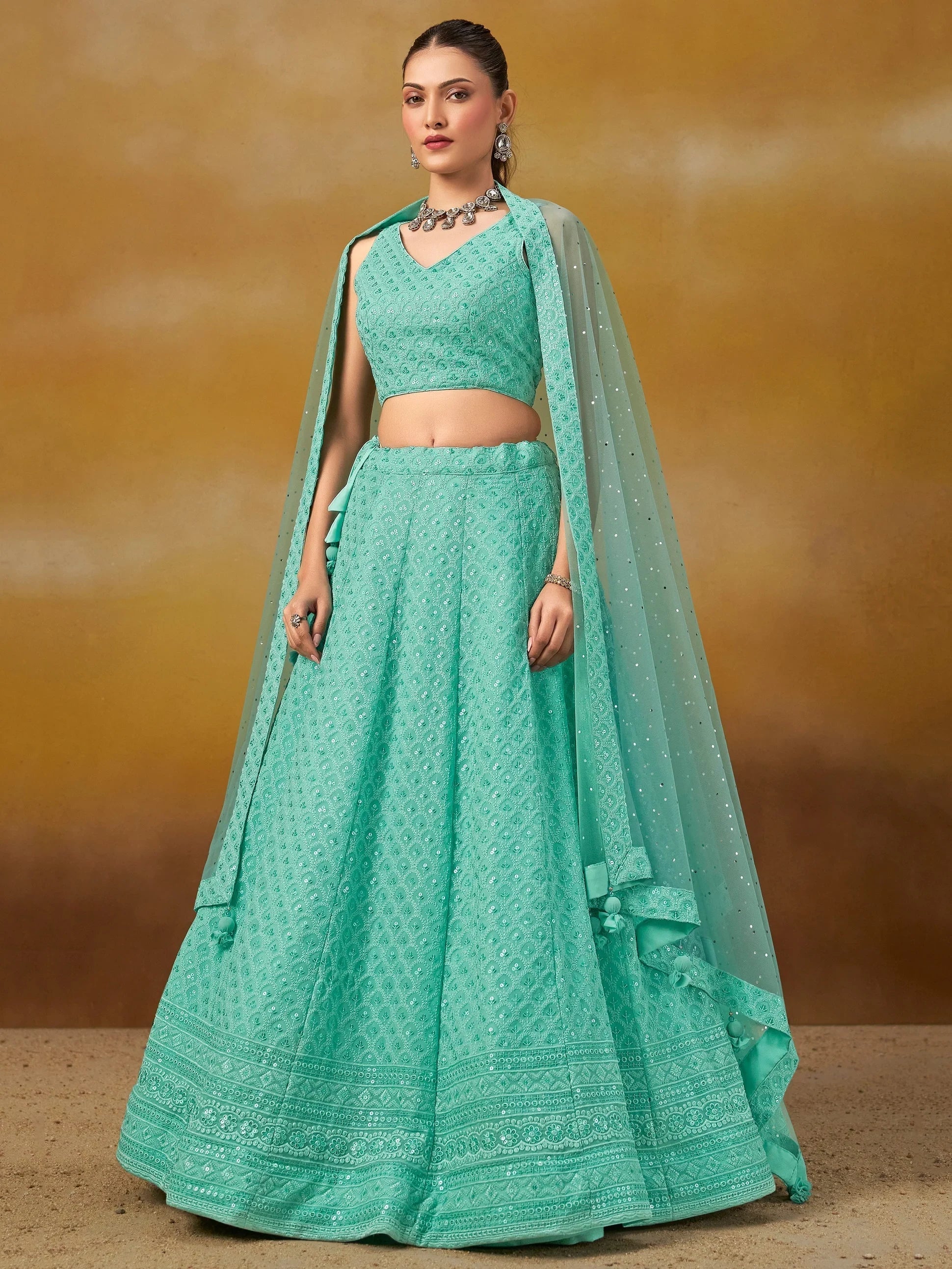 Sequins georgette lehenga choli with thread embroidery for wedding and sangeet occasions - Blue Thread Work Georgette Wedding Lehenga Choli for Women