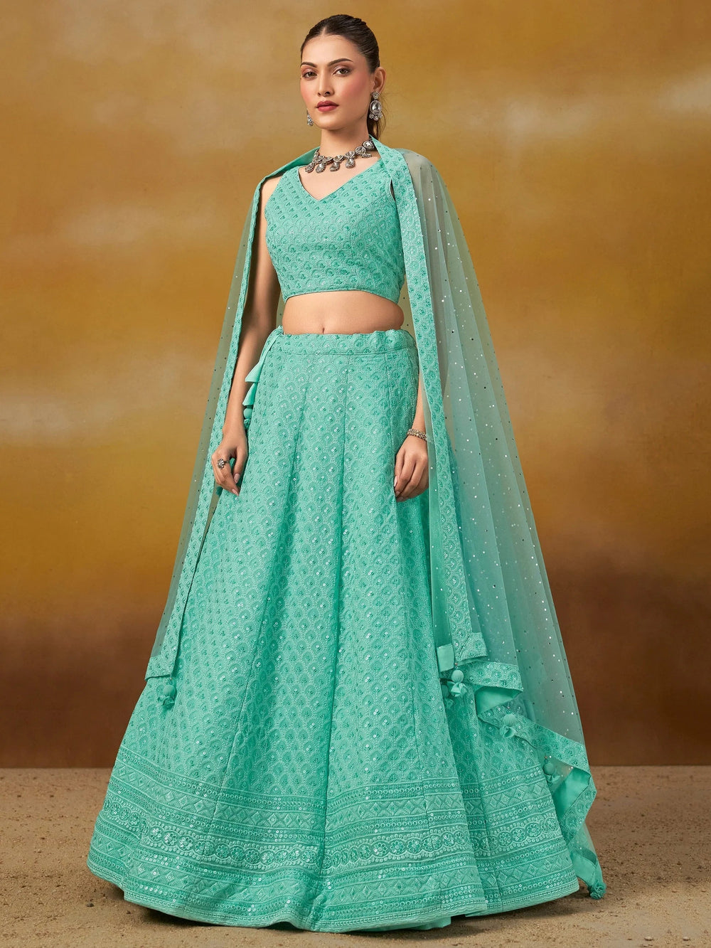 Sequins georgette lehenga choli with thread embroidery for wedding and sangeet occasions - Blue Thread Work Georgette Wedding Lehenga Choli for Women