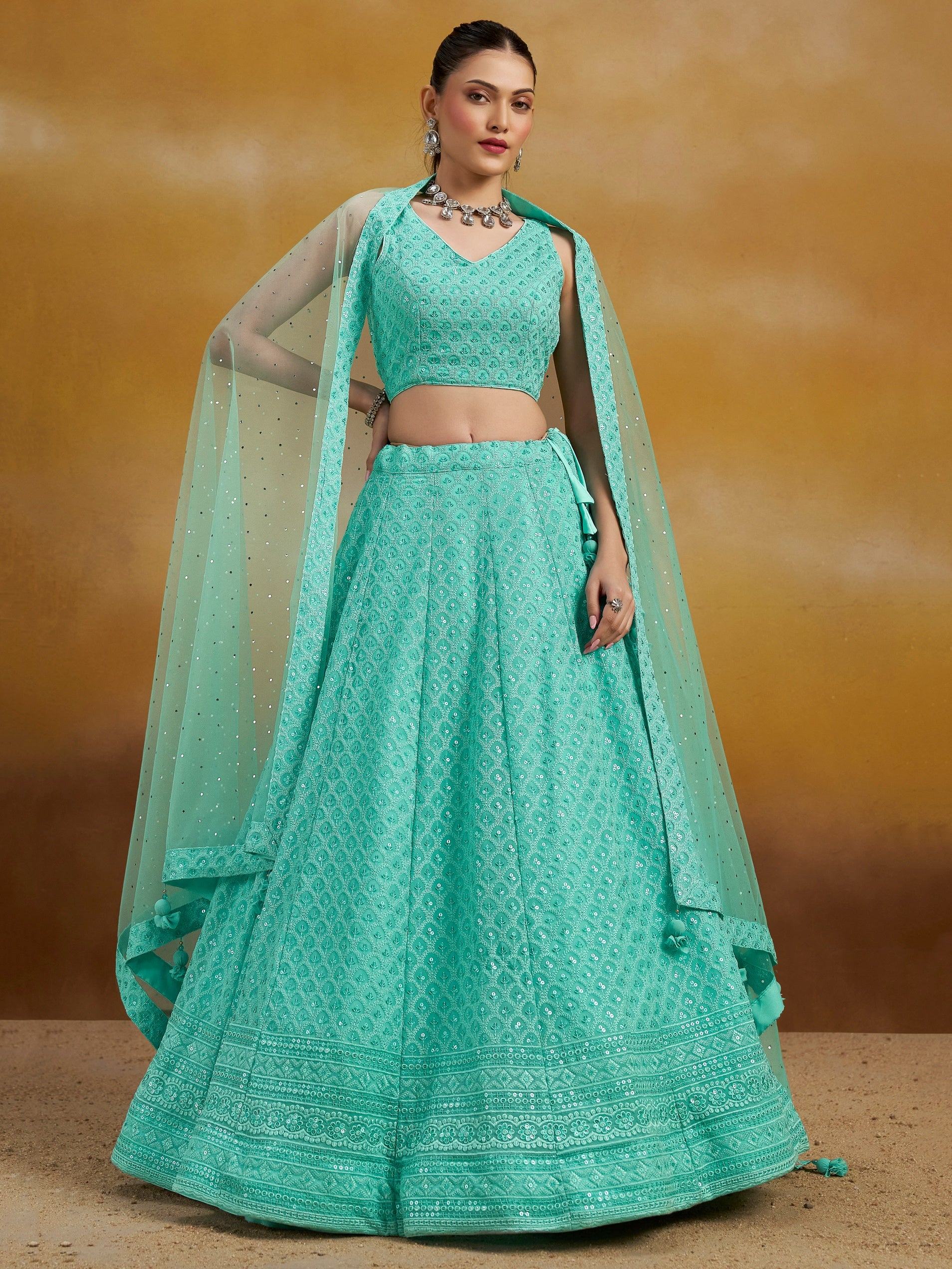 Sequins georgette lehenga choli with thread embroidery for wedding and sangeet occasions - Blue Thread Work Georgette Wedding Lehenga Choli for Women