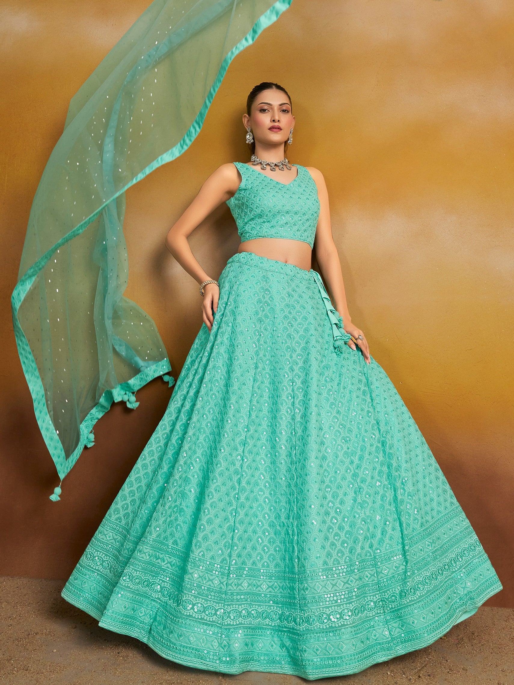Sequins georgette lehenga choli with thread embroidery for wedding and sangeet occasions - Blue Thread Work Georgette Wedding Lehenga Choli for Women