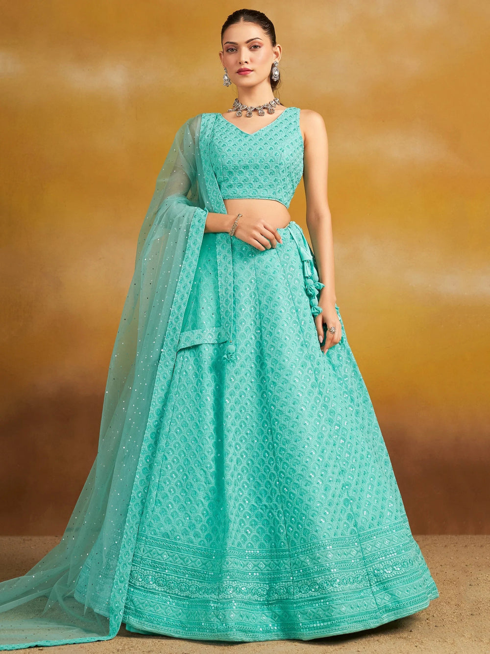 Sequins georgette lehenga choli with thread embroidery for wedding and sangeet occasions - Blue Thread Work Georgette Wedding Lehenga Choli for Women