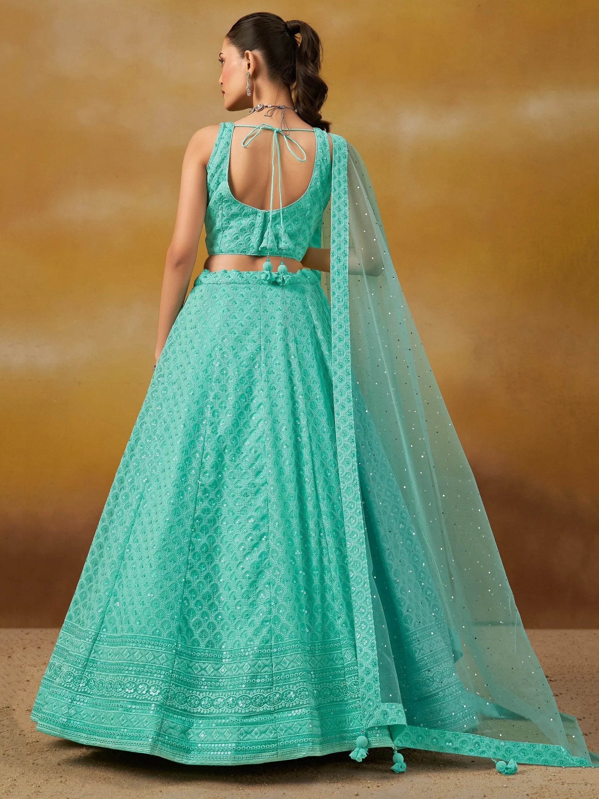 Sequins georgette lehenga choli with thread embroidery for wedding and sangeet occasions - Blue Thread Work Georgette Wedding Lehenga Choli for Women