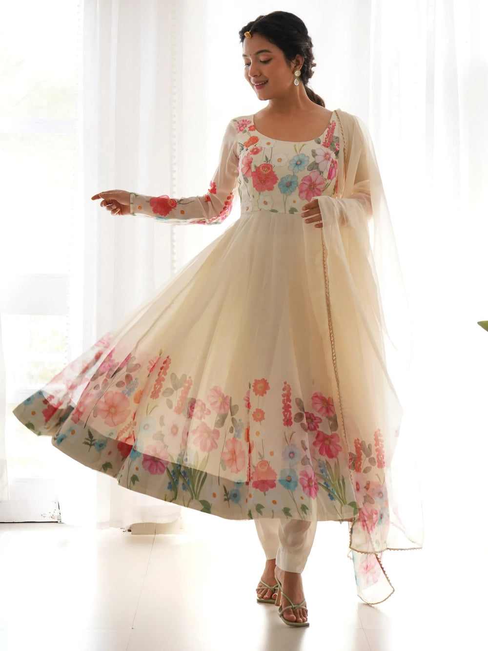 Cream Floral Printed Organza Festive Wear Anarkali Suit for Women