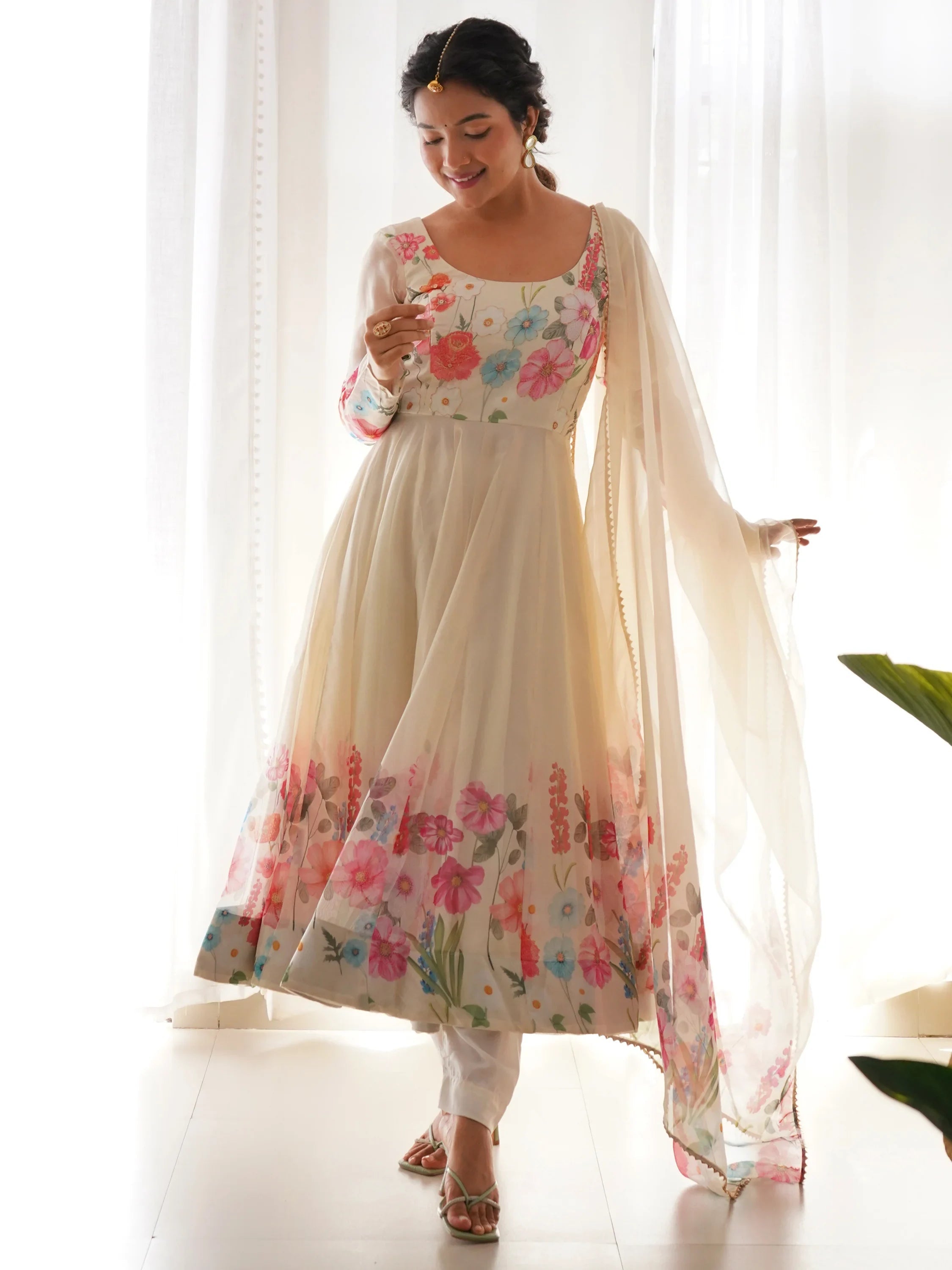 Cream Floral Printed Organza Festive Wear Anarkali Suit for Women