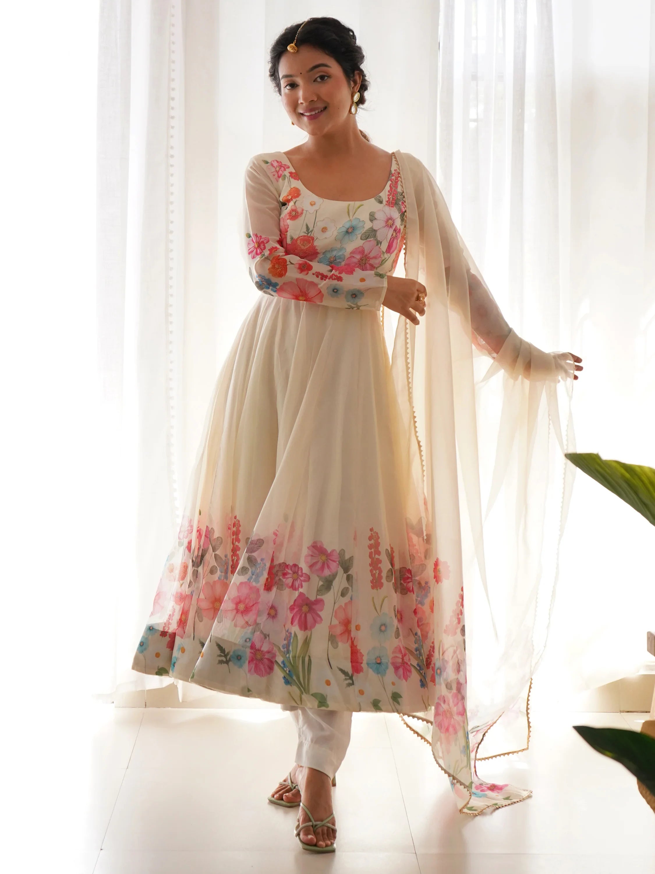 Cream Floral Printed Organza Festive Wear Anarkali Suit for Women