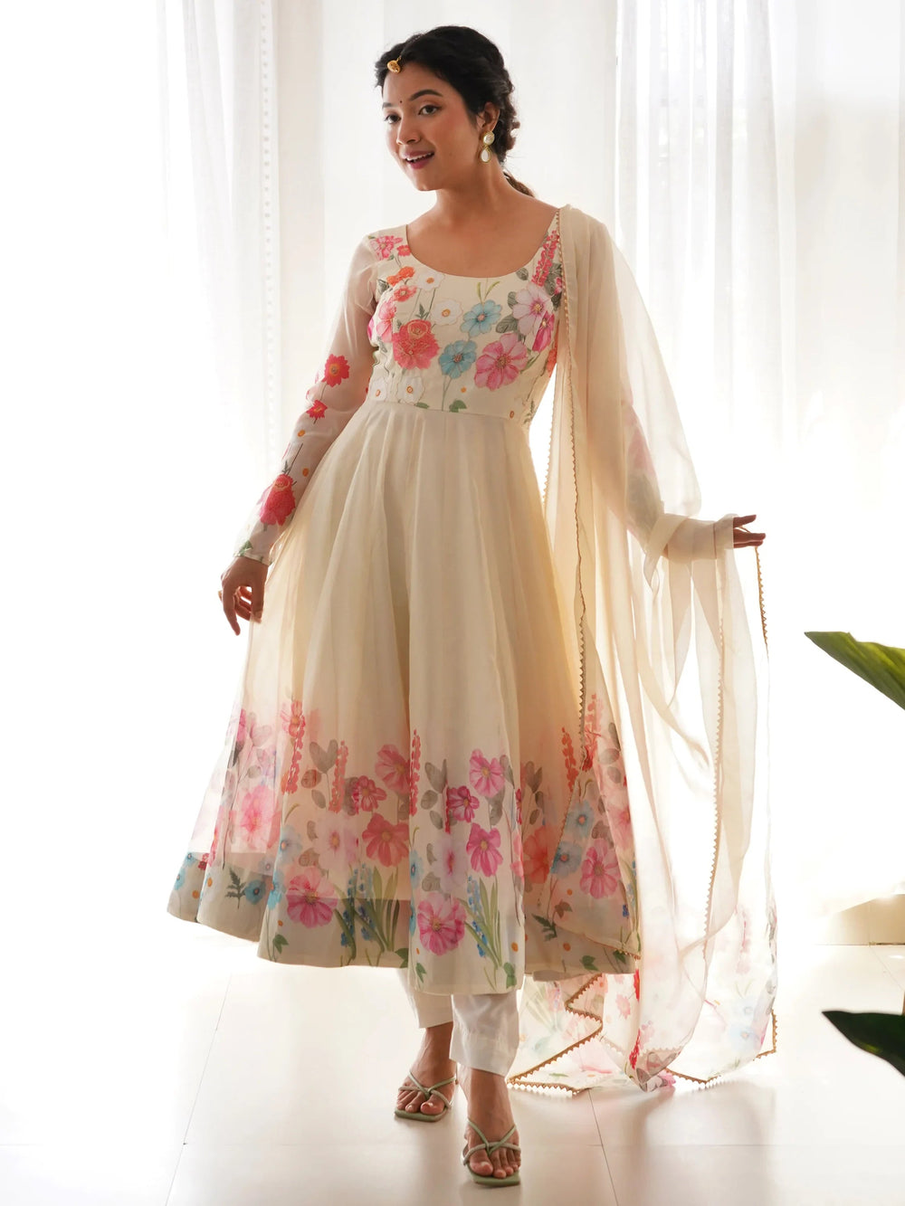 Cream Floral Printed Organza Festive Wear Anarkali Suit for Women
