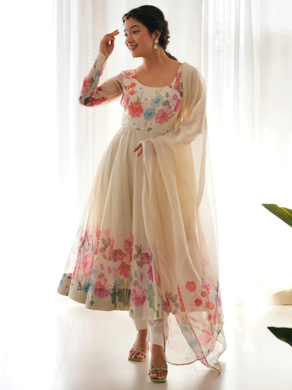 Cream Floral Printed Organza Festive Wear Anarkali Suit for Women