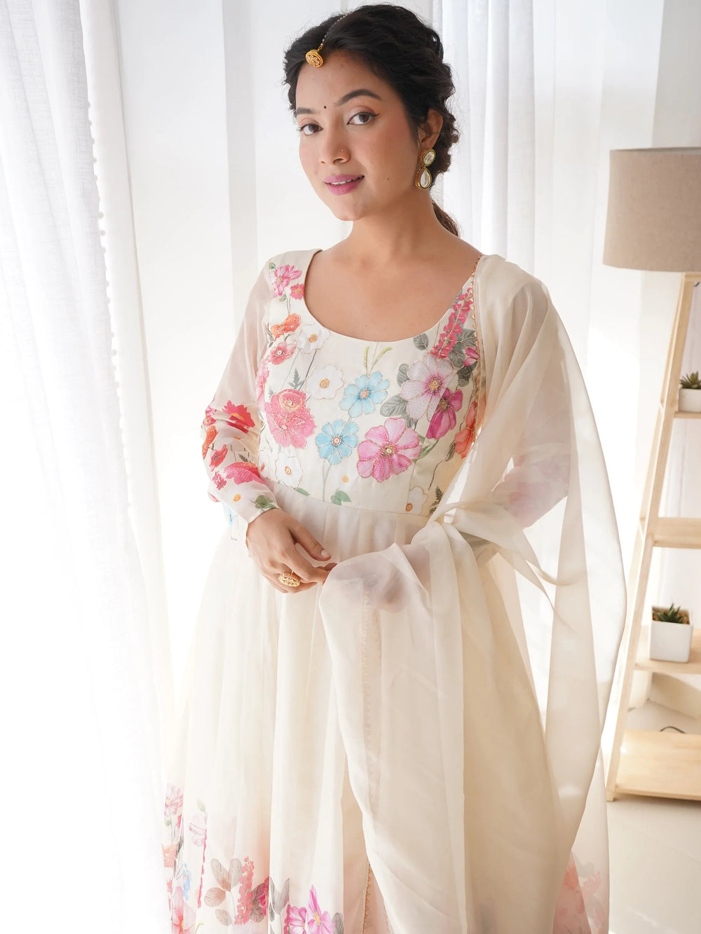 Cream Floral Printed Organza Festive Wear Anarkali Suit for Women