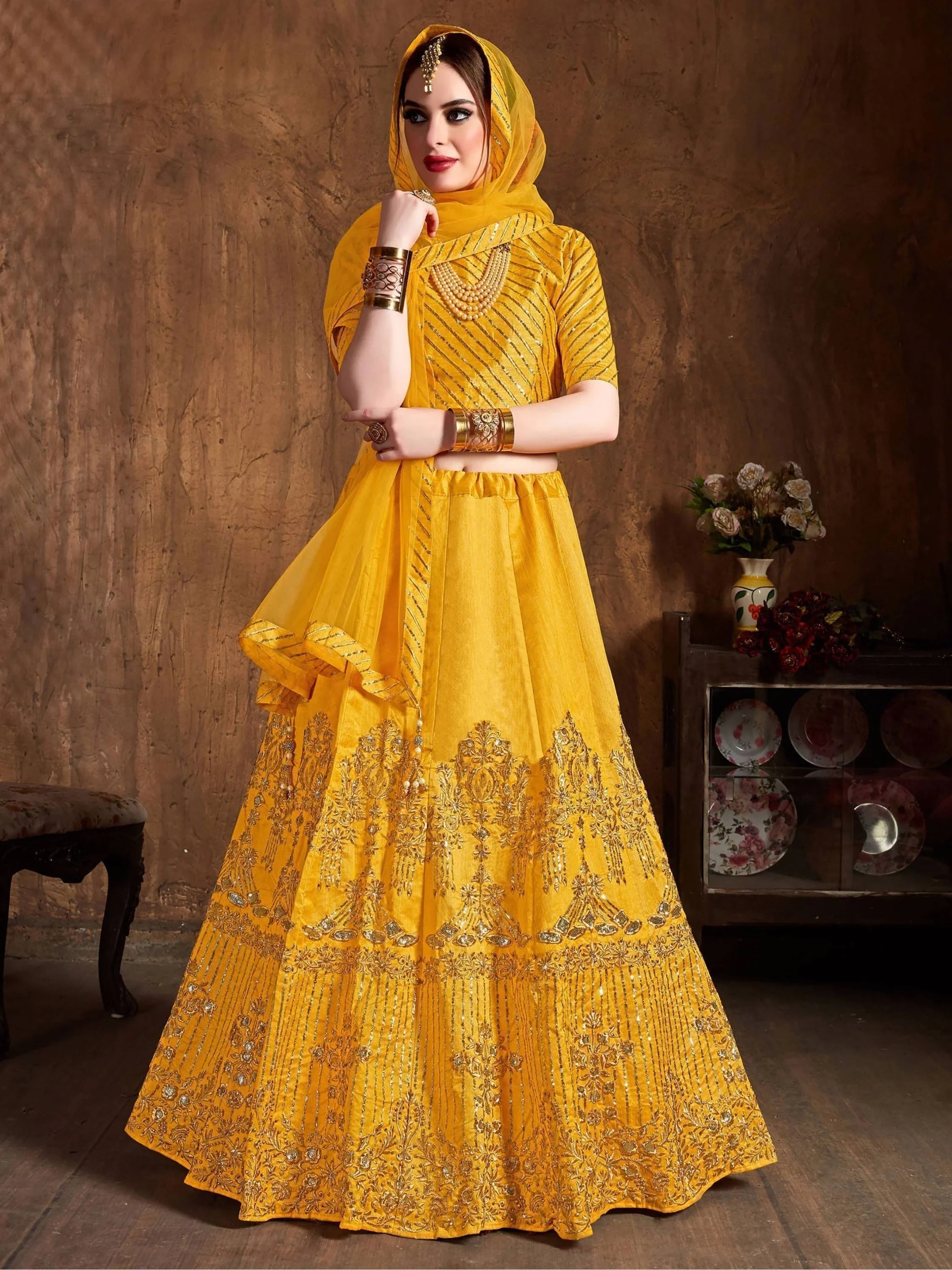 Yellow Zari Embroidered Art Silk Bridal Lehenga Choli with Dupatta