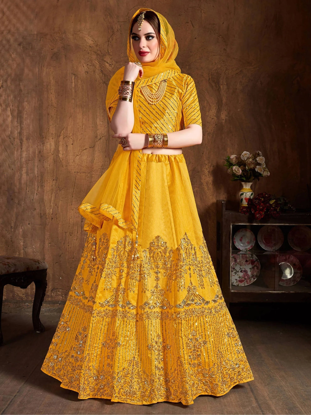 Yellow Zari Embroidered Art Silk Bridal Lehenga Choli with Dupatta