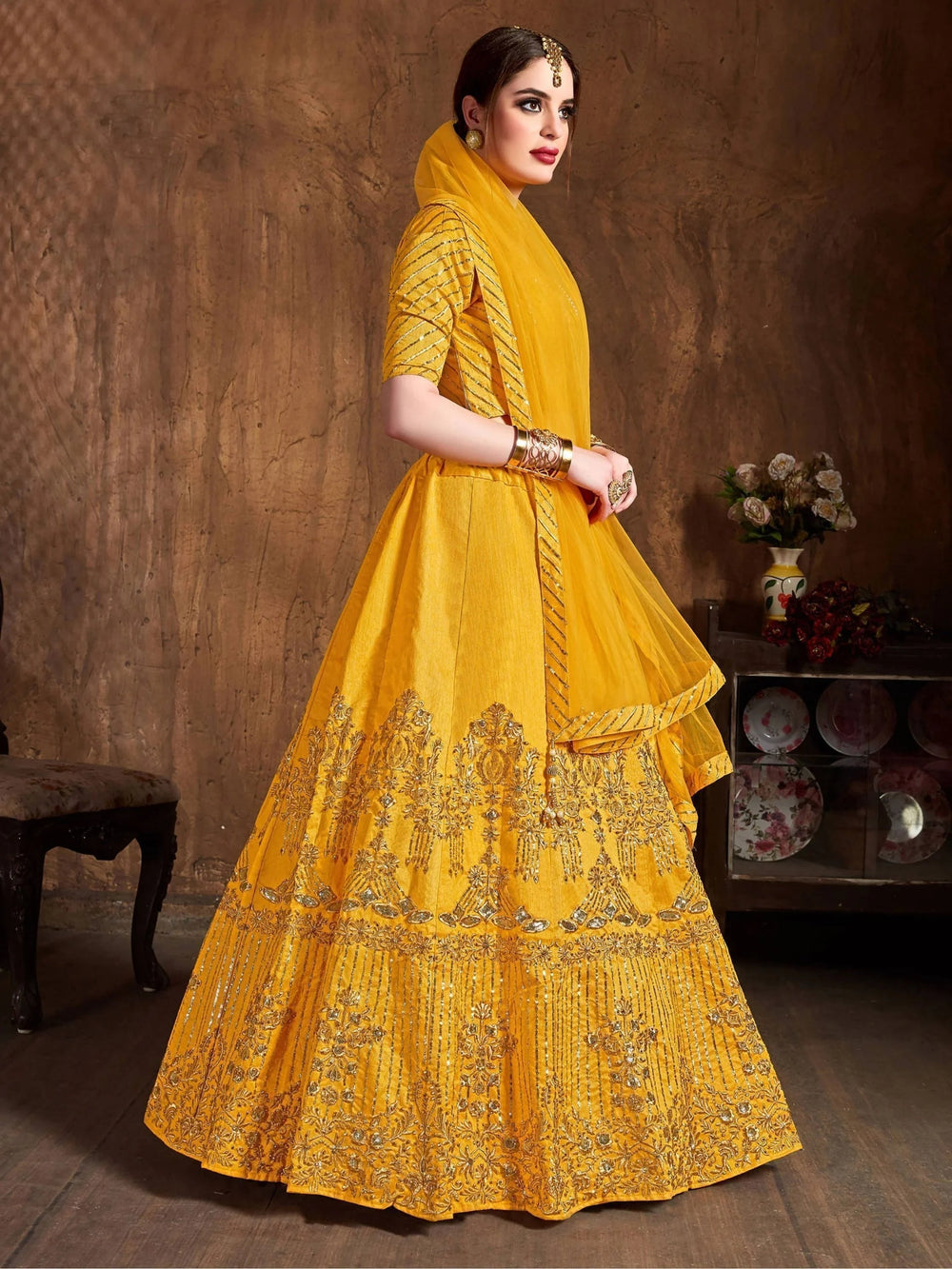 Yellow Zari Embroidered Art Silk Bridal Lehenga Choli with Dupatta