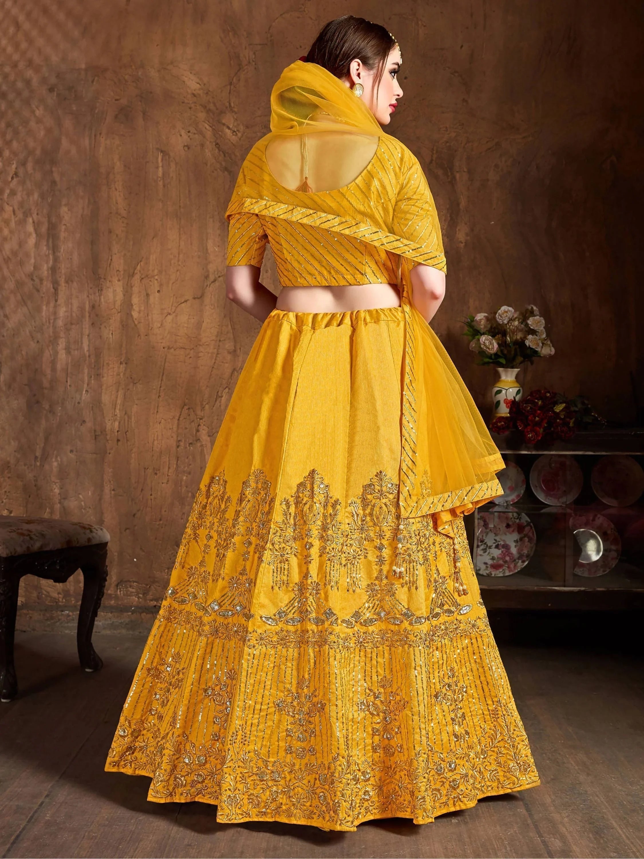 Yellow Zari Embroidered Art Silk Bridal Lehenga Choli with Dupatta