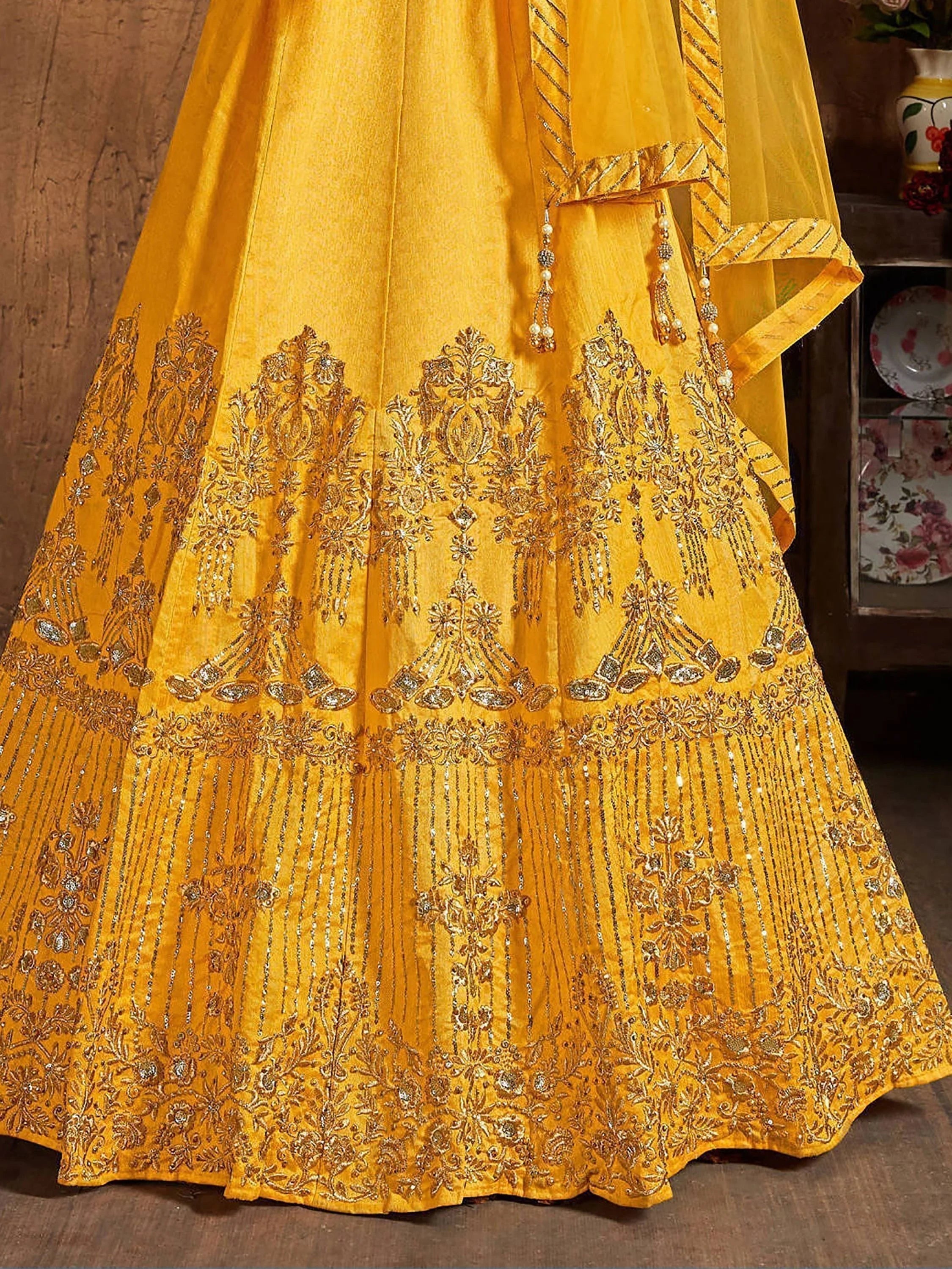 Yellow Zari Embroidered Art Silk Bridal Lehenga Choli with Dupatta