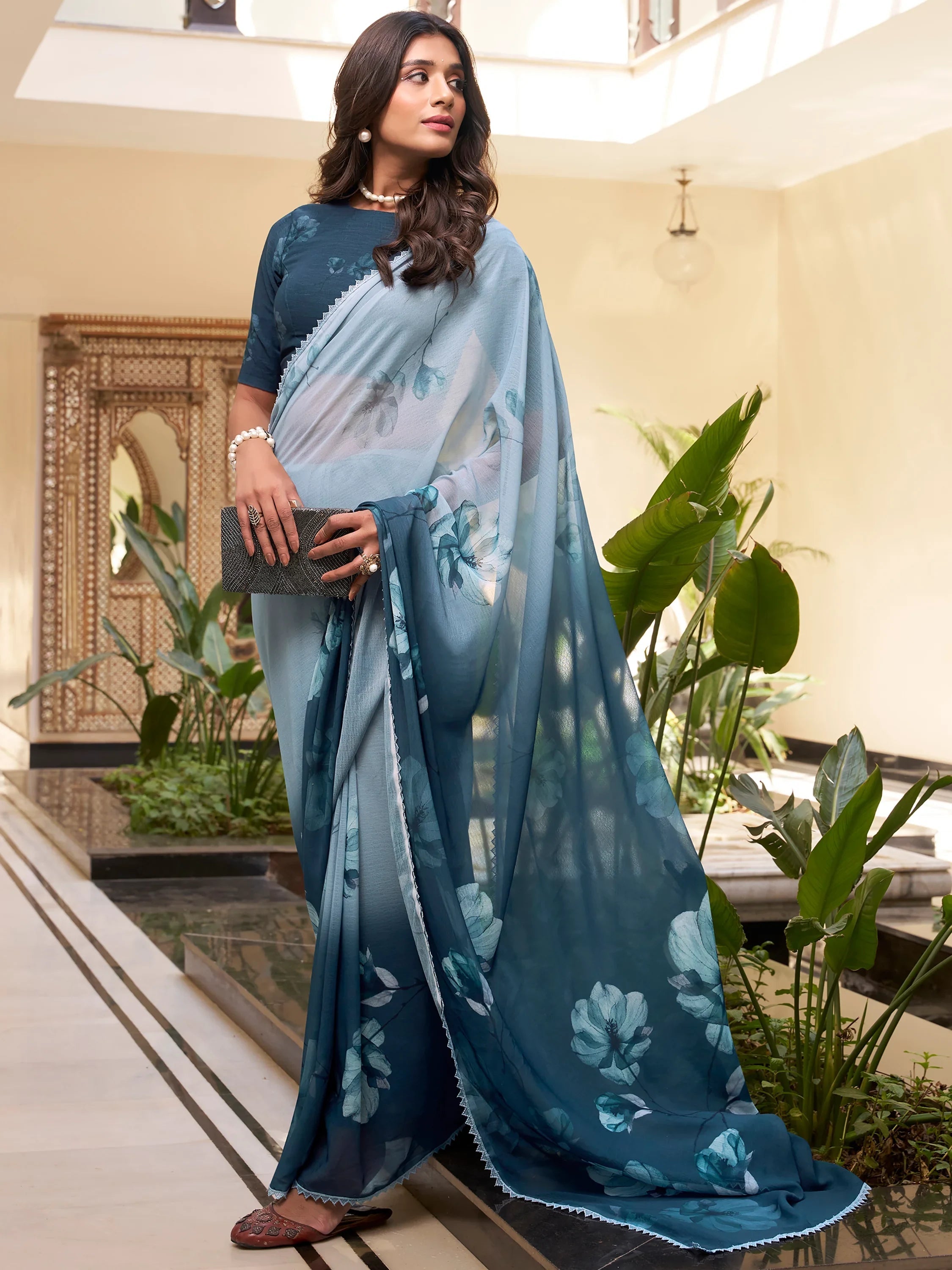 Teal Blue Chiffon Floral Printed Saree With Blouse