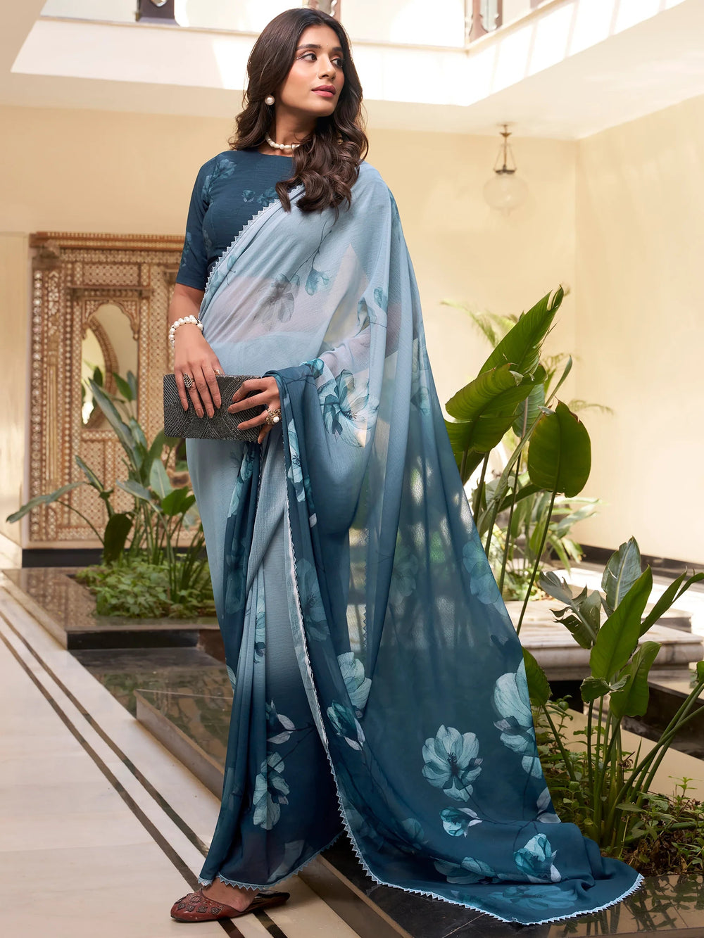 Teal Blue Chiffon Floral Printed Saree With Blouse