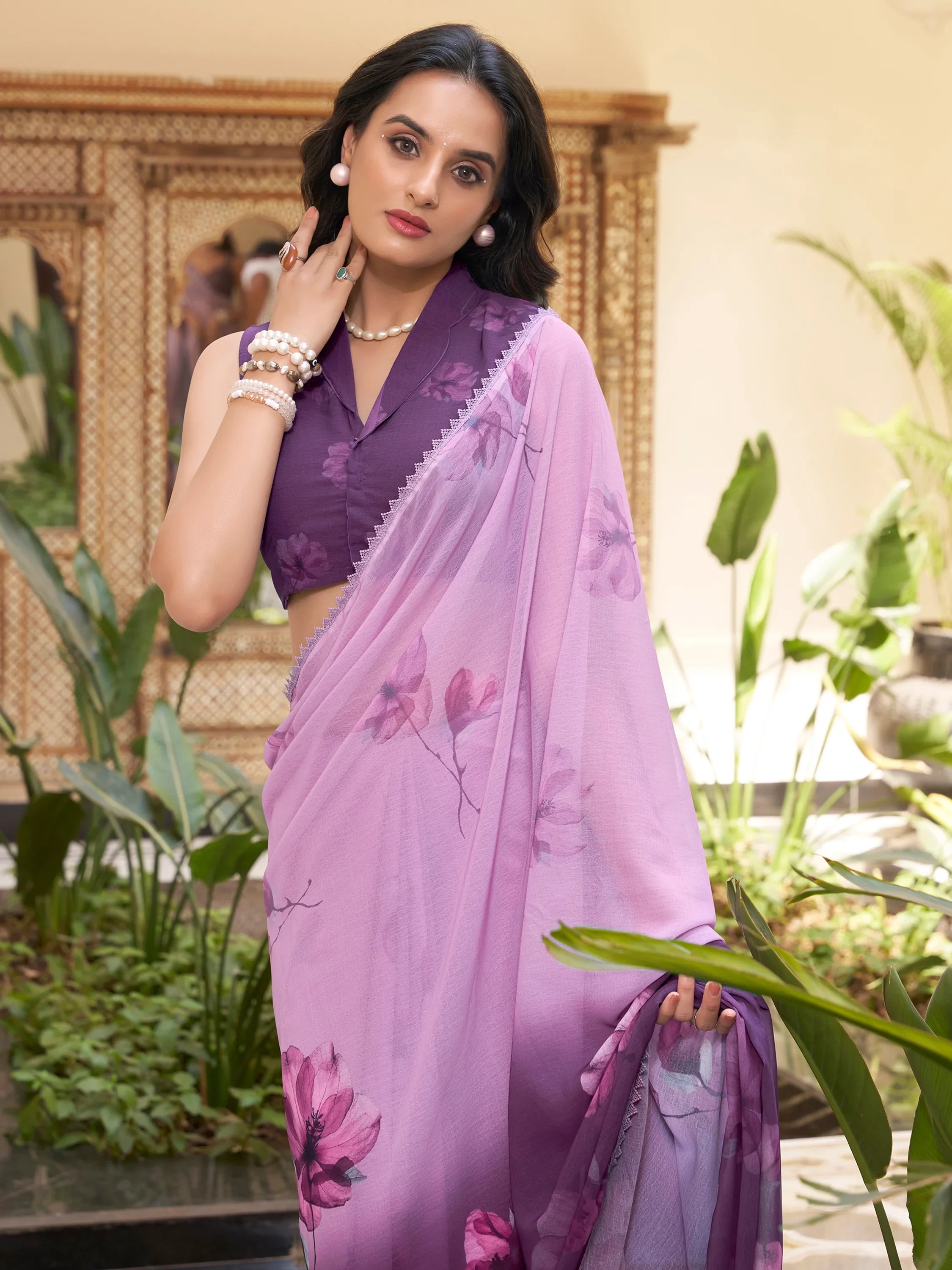 Lavender Chiffon Floral Printed Traditional Saree With Blouse