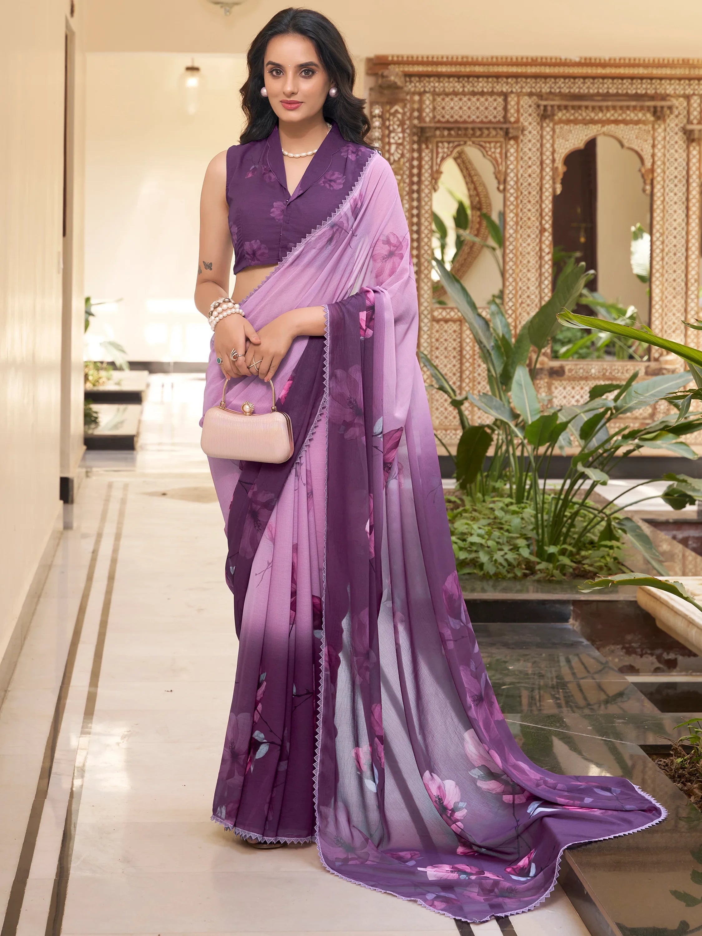 Lavender Chiffon Floral Printed Traditional Saree With Blouse
