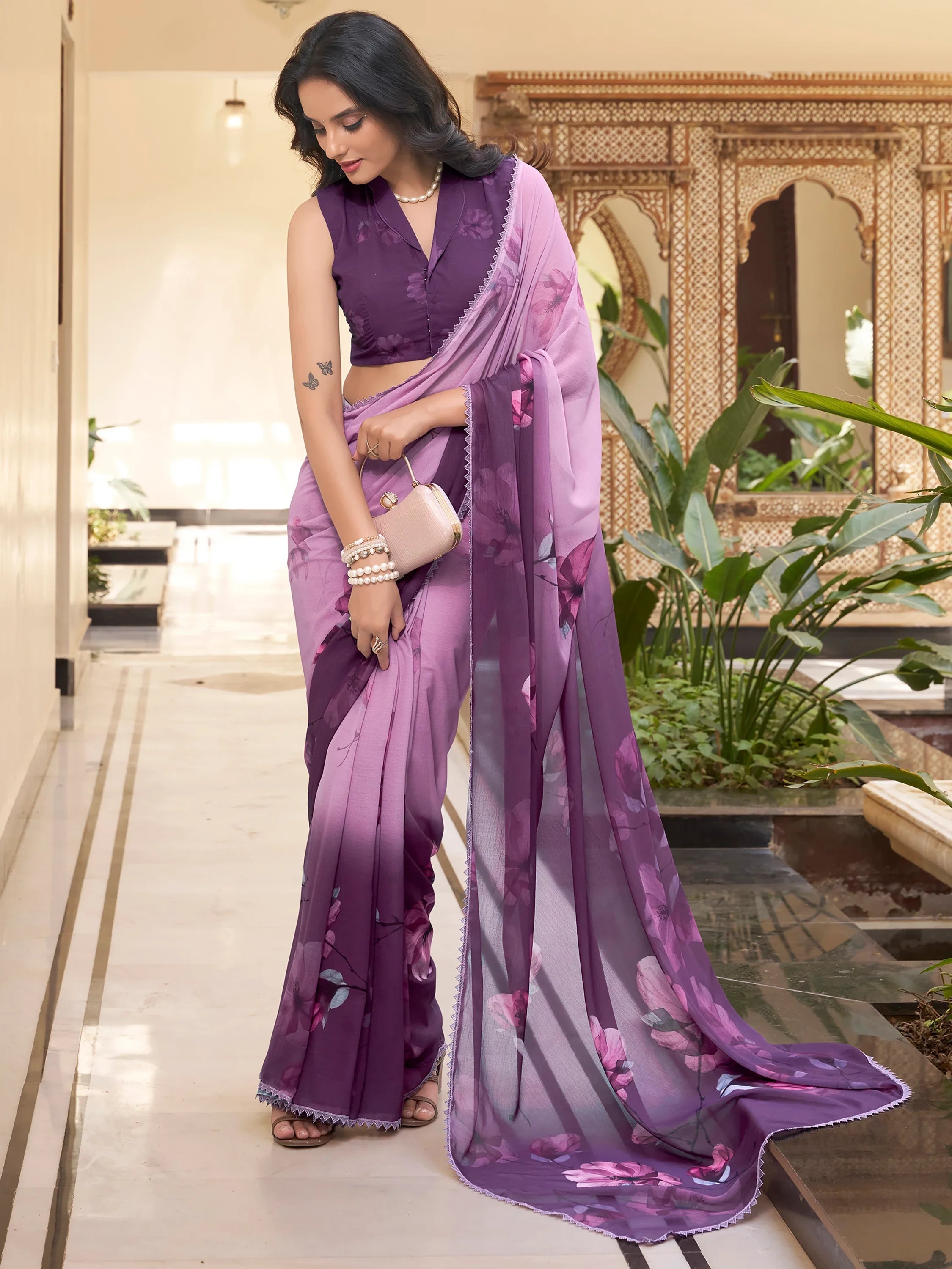 Lavender Chiffon Floral Printed Traditional Saree With Blouse