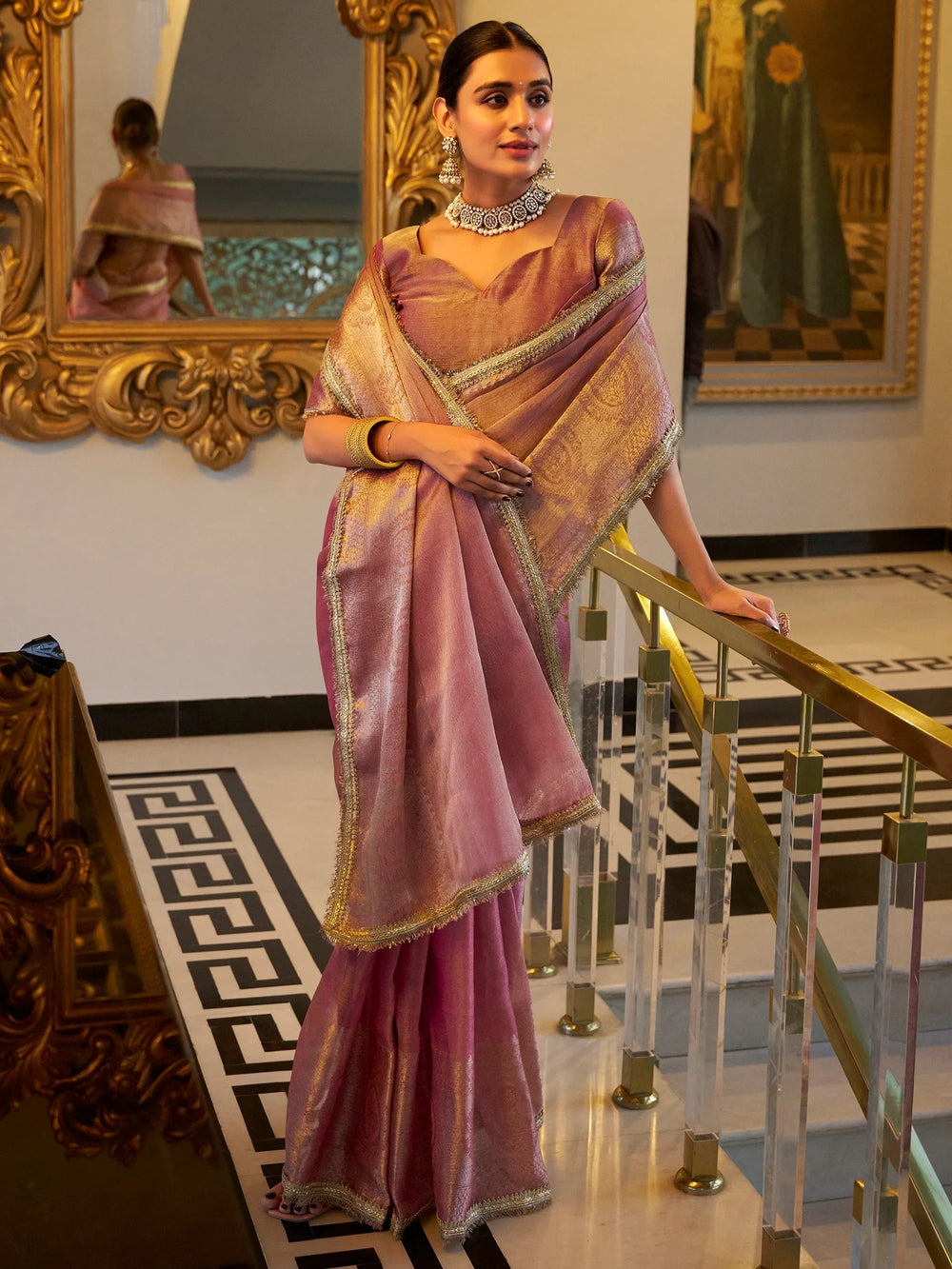 Light Pink Tissue Silk Zari Weaving Casual Wear Saree