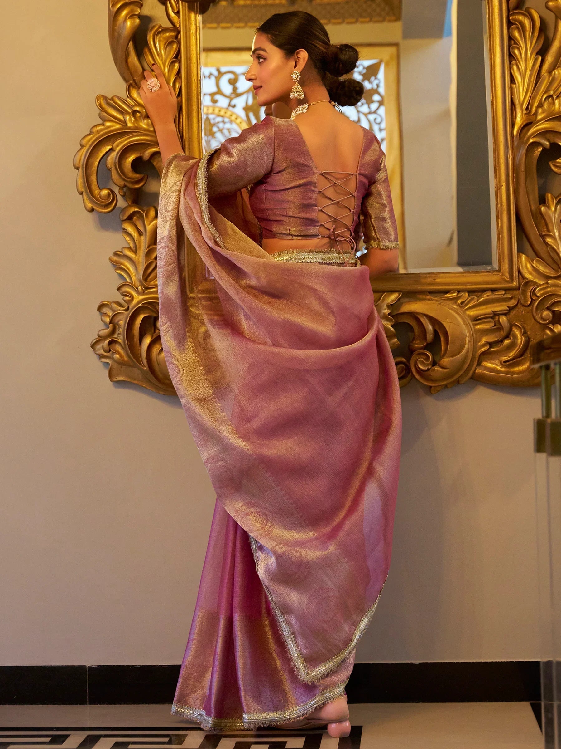 Light Pink Tissue Silk Zari Weaving Casual Wear Saree