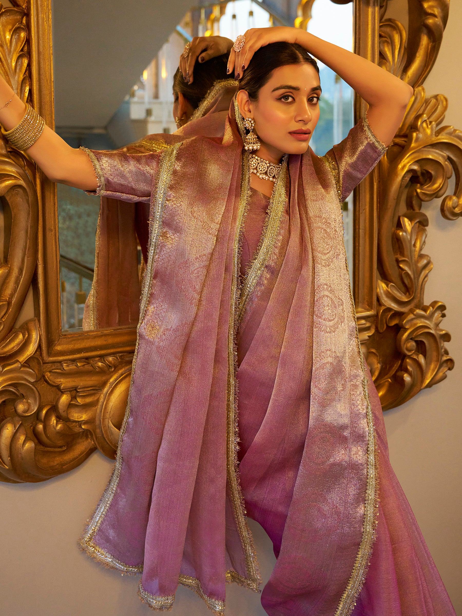 Light Pink Tissue Silk Zari Weaving Casual Wear Saree