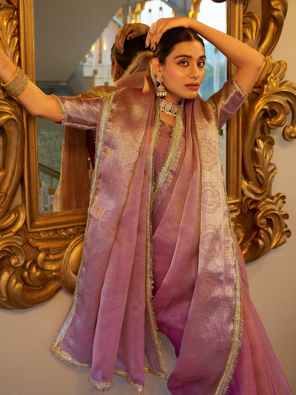 Light Pink Tissue Silk Zari Weaving Casual Wear Saree