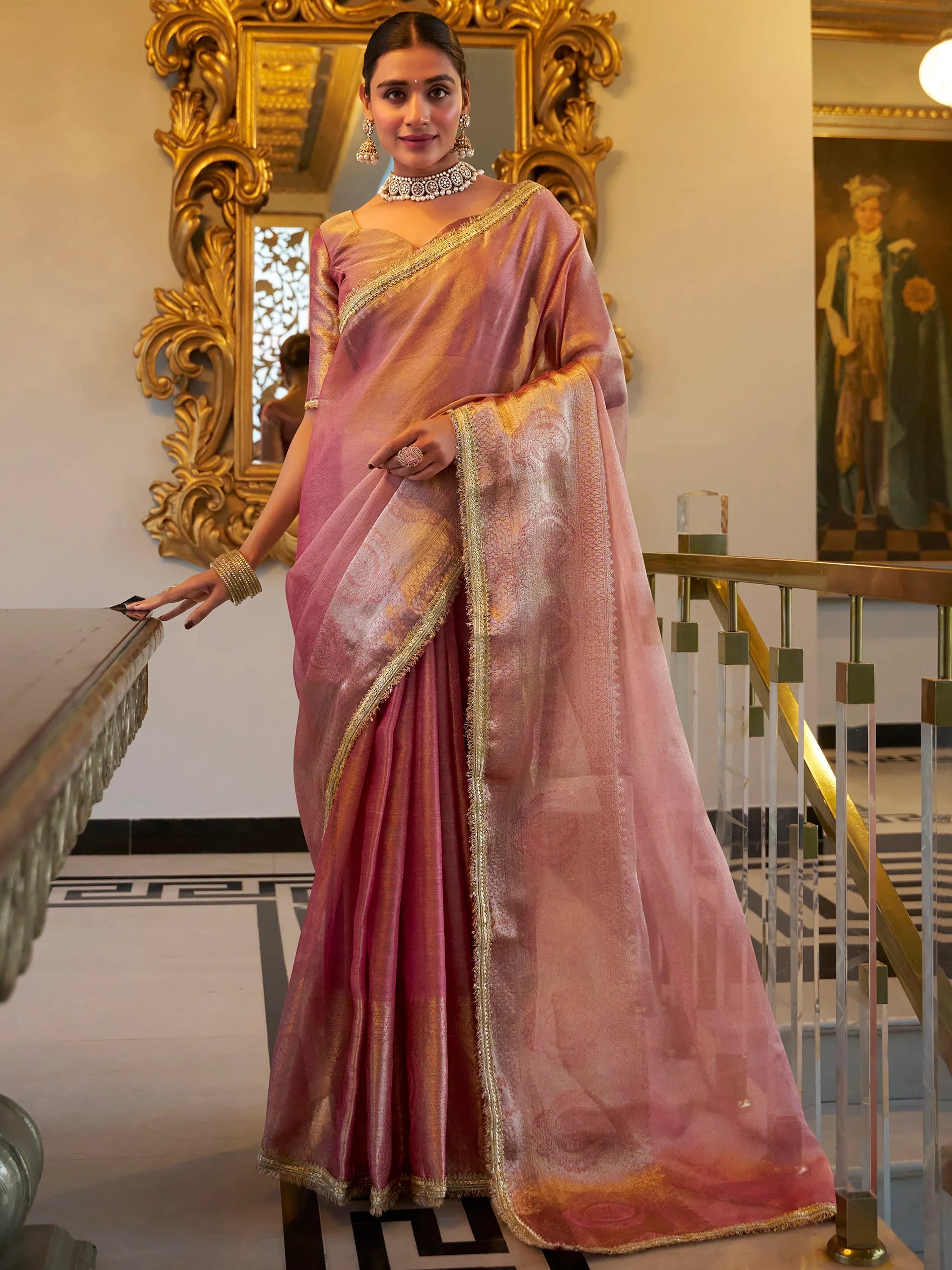 Light Pink Tissue Silk Zari Weaving Casual Wear Saree