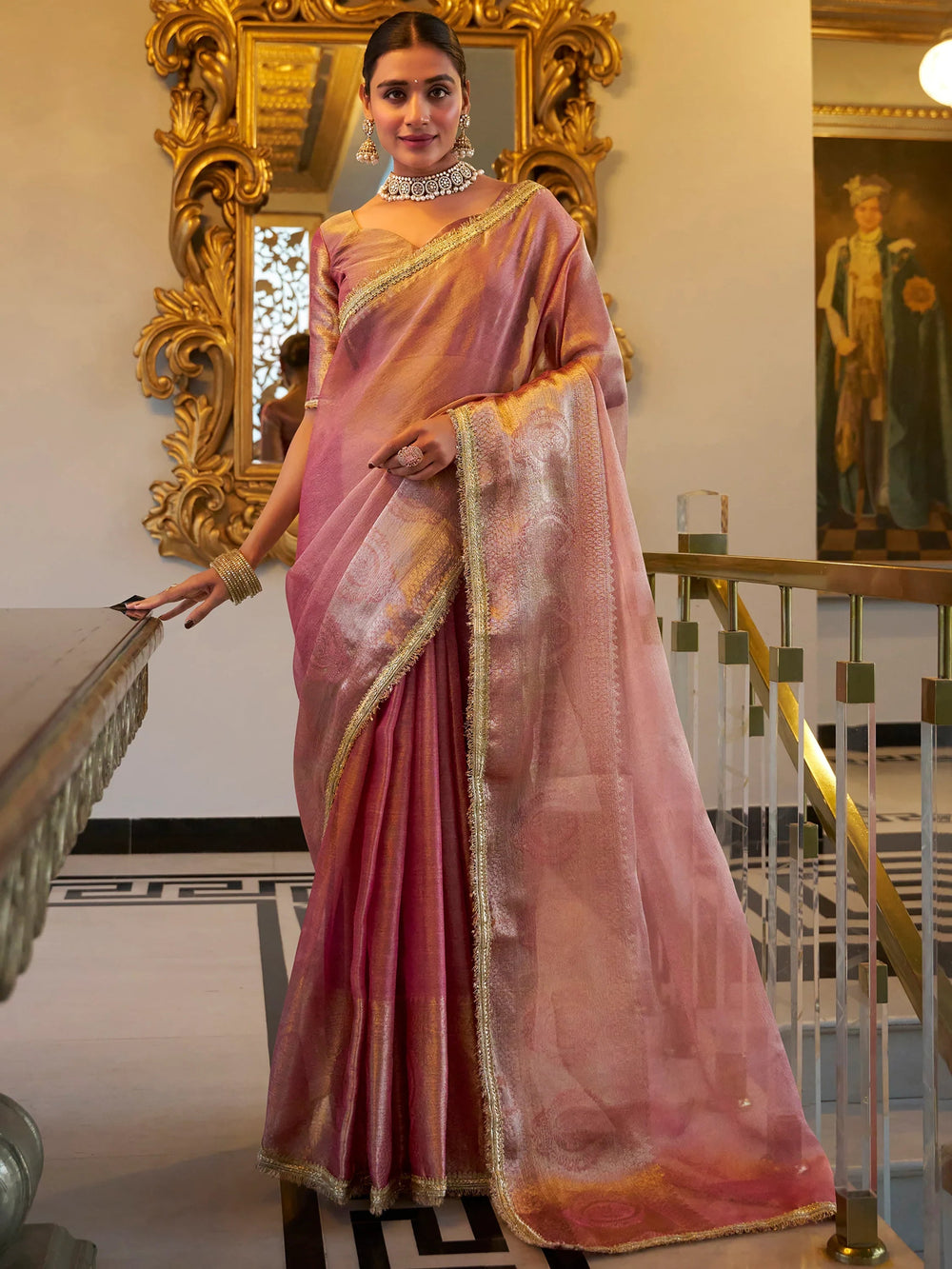 Light Pink Tissue Silk Zari Weaving Casual Wear Saree