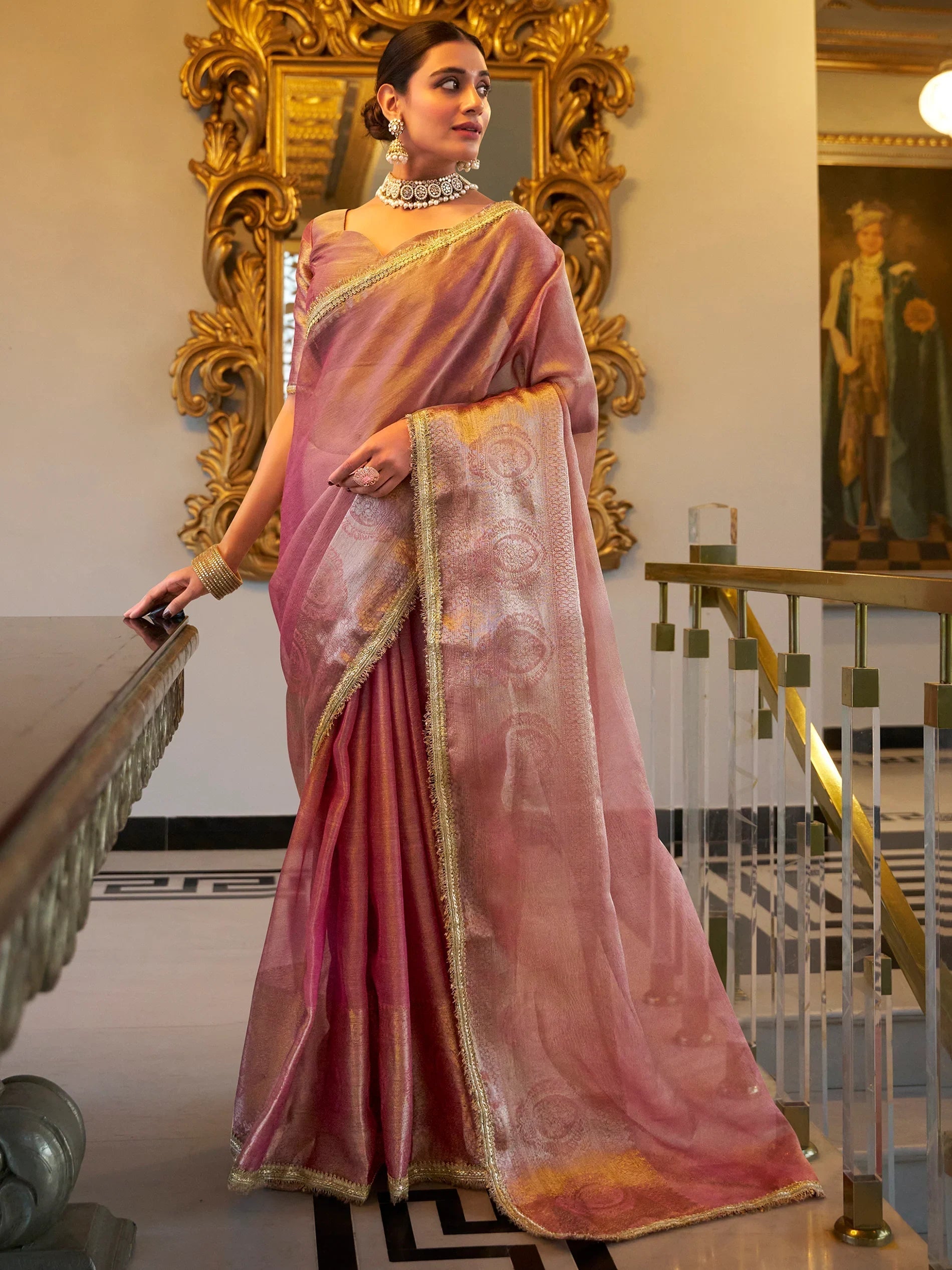 Light Pink Tissue Silk Zari Weaving Casual Wear Saree