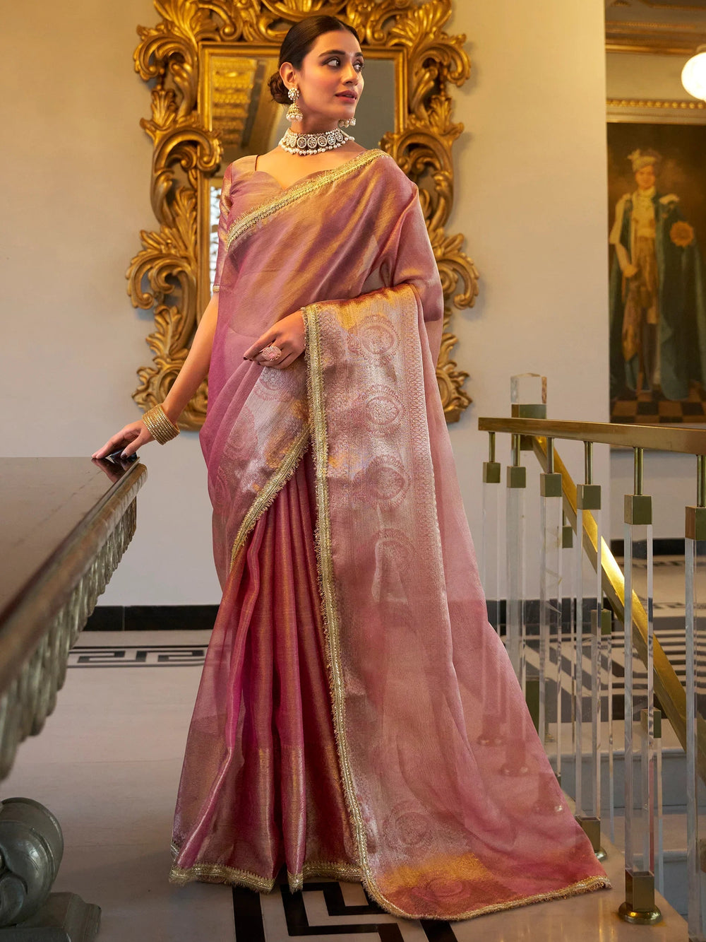 Light Pink Tissue Silk Zari Weaving Casual Wear Saree