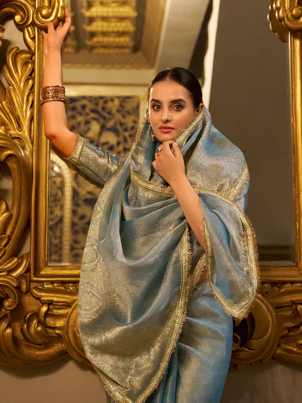 Sky Blue Tissue Silk Zari Weaving Festive Wear Saree