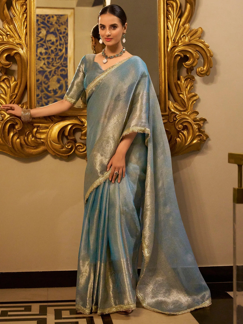 Sky Blue Tissue Silk Zari Weaving Festive Wear Saree