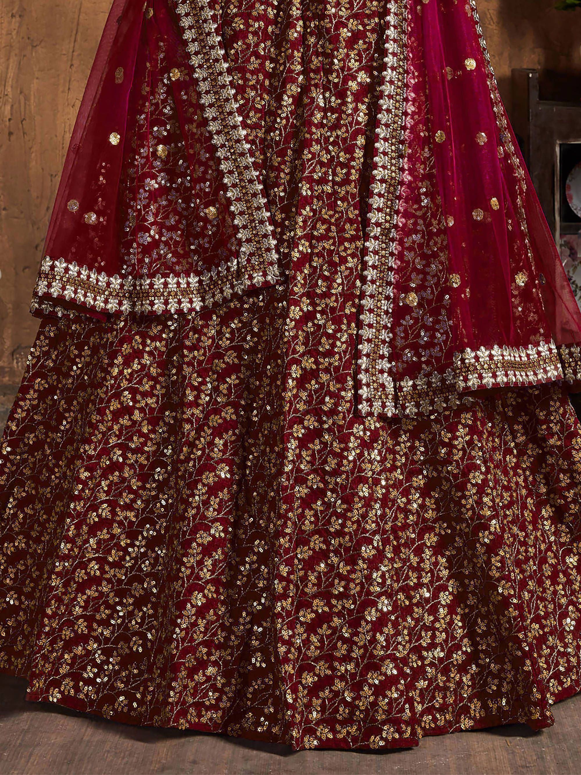 Maroon Zari Embroidered Raw Silk Wedding Lehenga Choli with Dupatta
