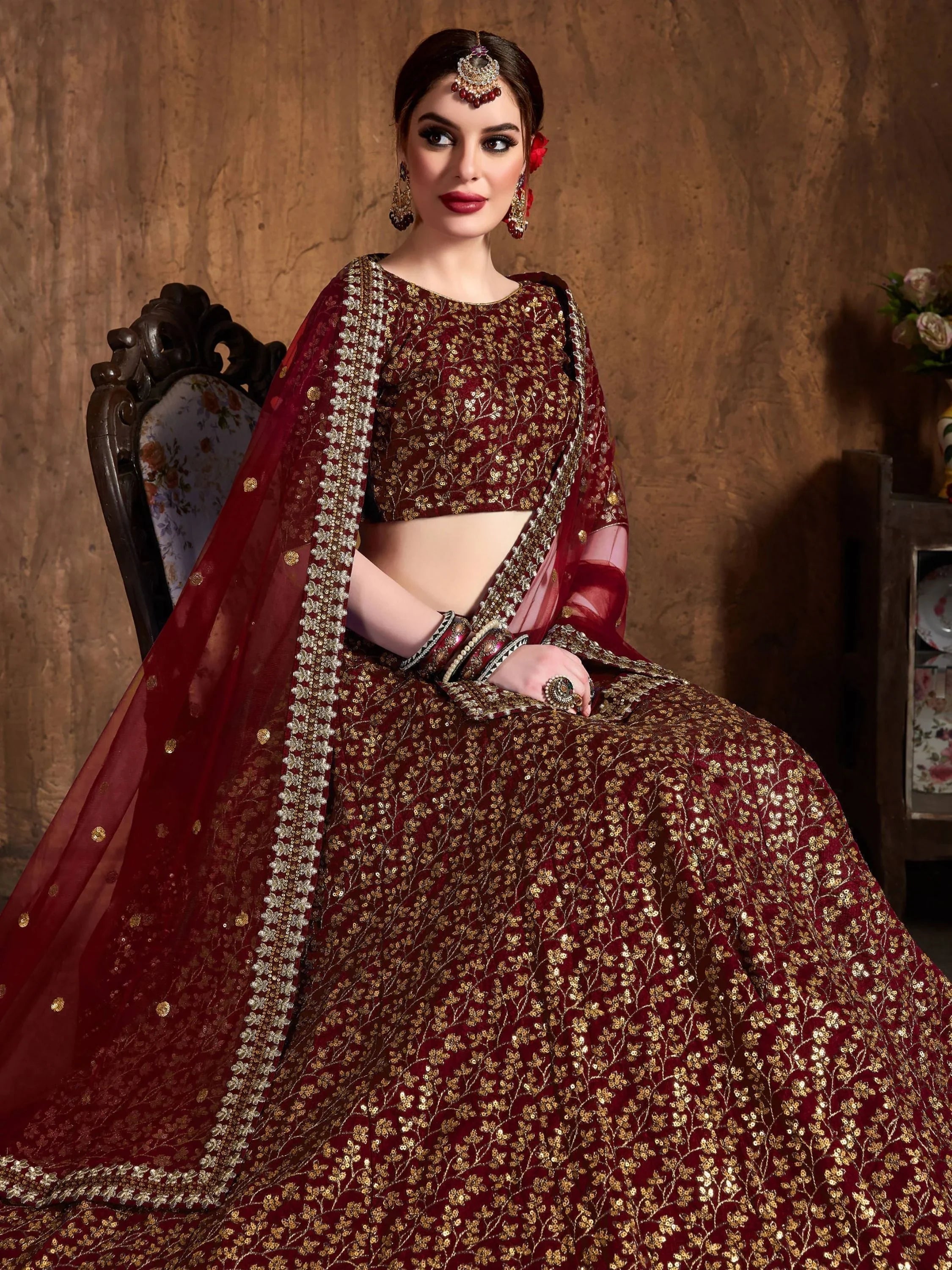 Maroon Zari Embroidered Raw Silk Wedding Lehenga Choli with Dupatta