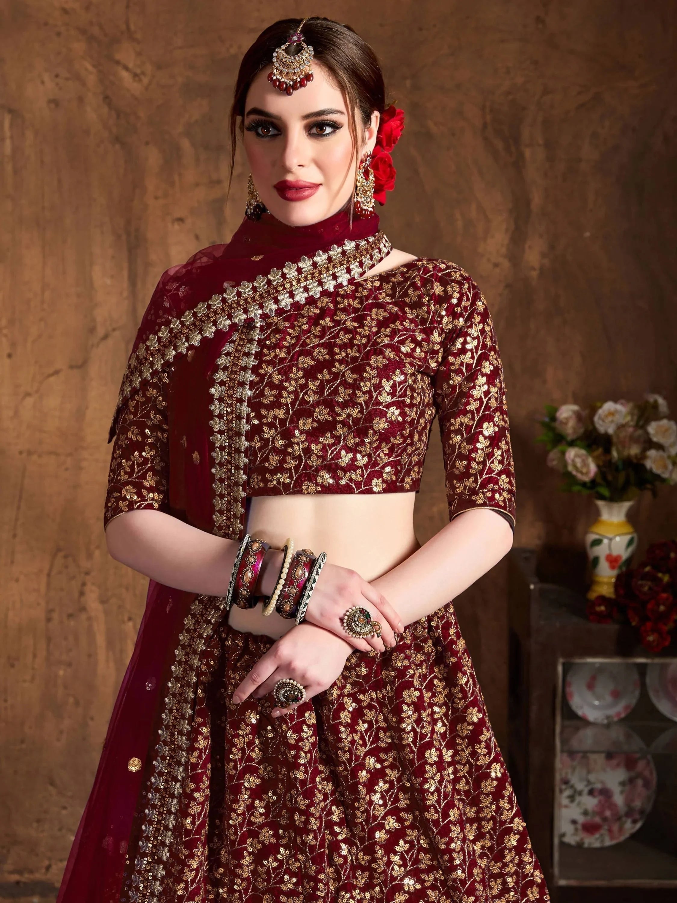 Maroon Zari Embroidered Raw Silk Wedding Lehenga Choli with Dupatta